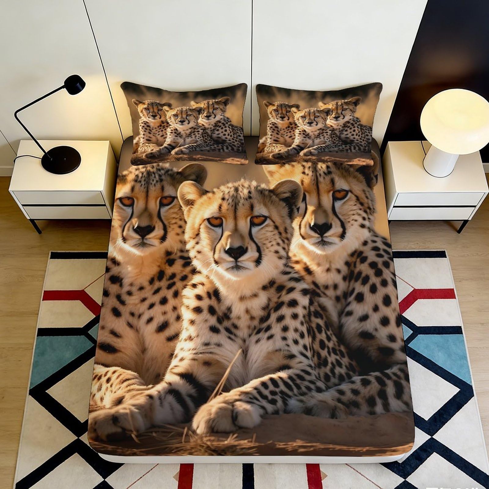 3D Printed Cheetah Family Fitted Sheet Microfiber Soft Brown Leopard Mattress Cover for Bedroom Dorm Decor 90x200x25cm