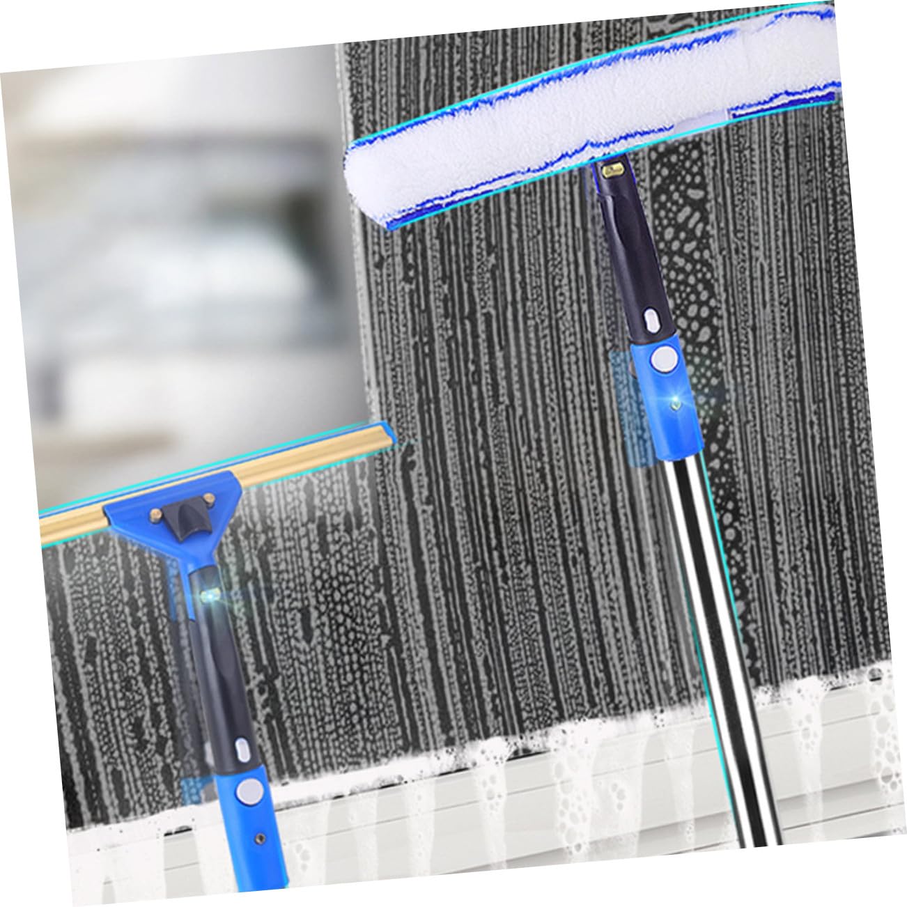 Limpiacristales con Escobilla Giratoria y Paño de Microfibra Absorbente Mango Ergonómico Extensible para Limpieza de Ventanas Coches y Mamparas de Ducha