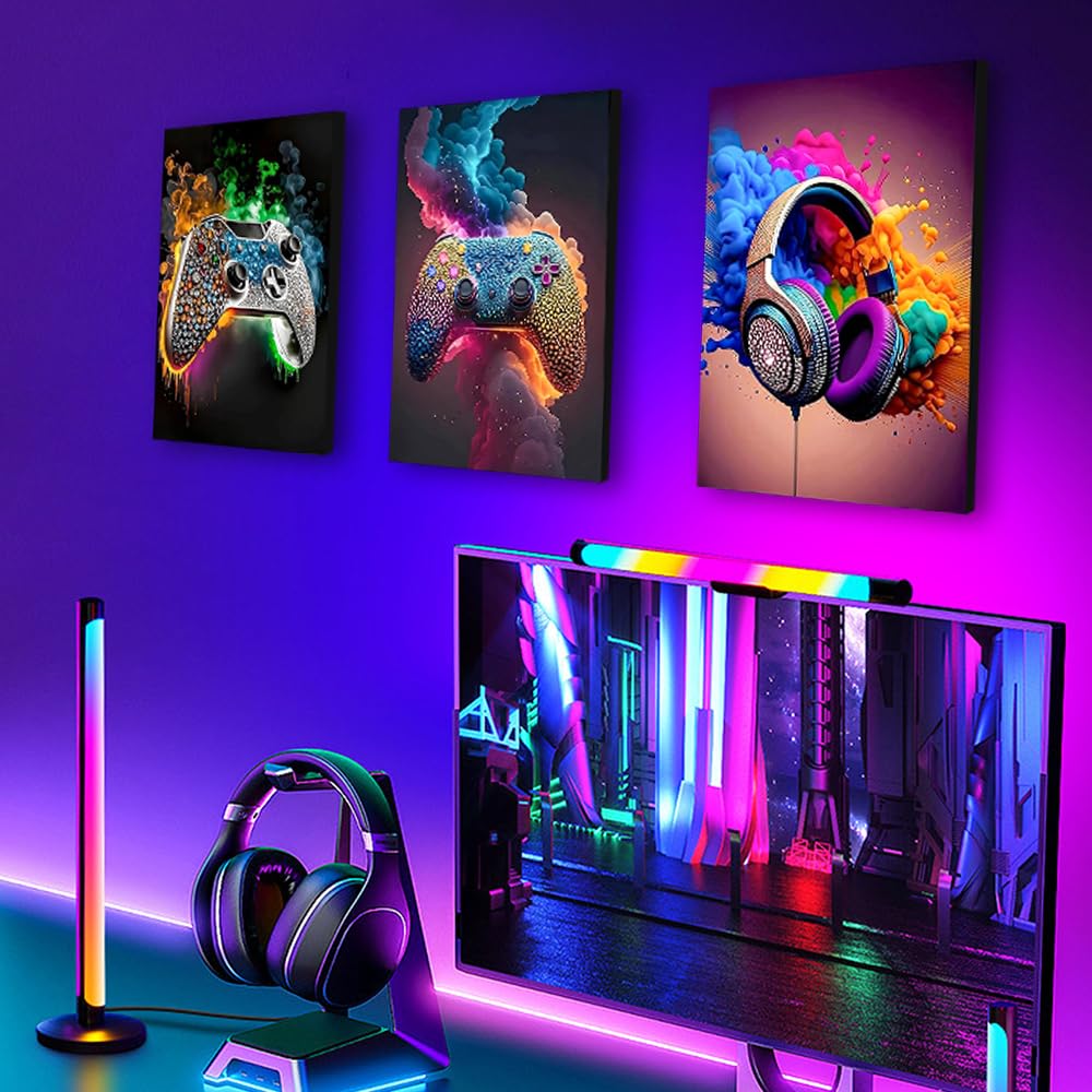 Rongxze 3 immagini da parete incorniciate, 40 x 30 cm, con strass scintillanti, gamepad, auricolari, decorazione da parete, tela HD per camera dei ragazzi, stanza dei giochi, Man Cave