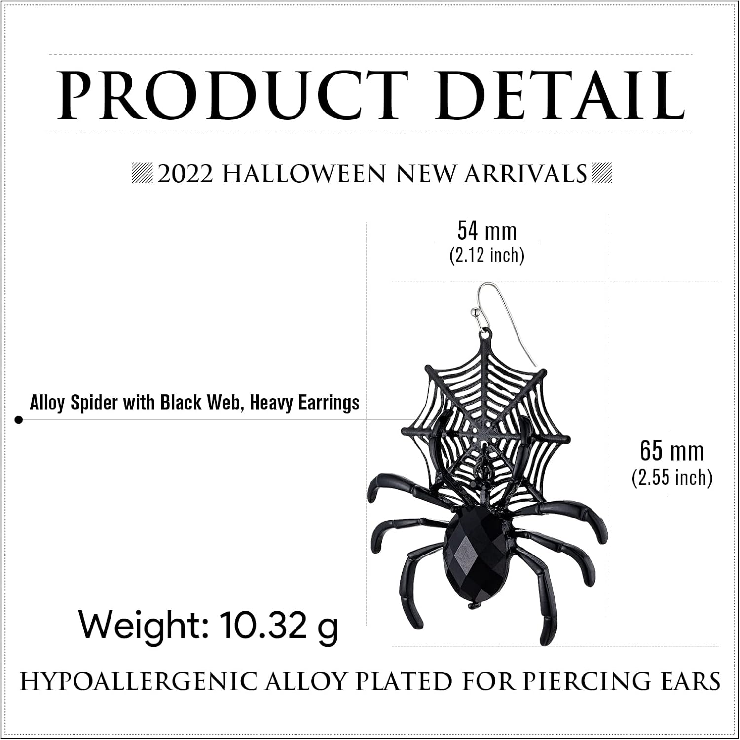 RareLove Halloween Costumes Earrings Large Spider with Black Wed Gothic Dangle Statement Earrings for Women Alloy Plated - Image 2