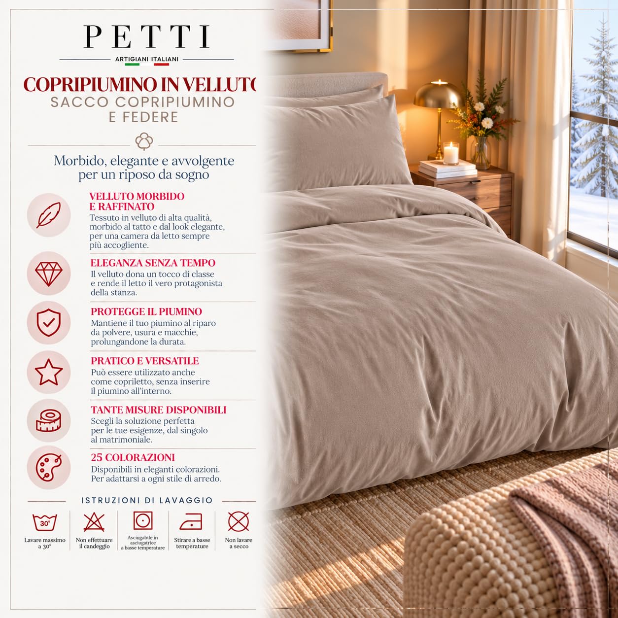 PETTI Artigiani Italiani Samt-Bettwäsche, Schlammfarben, Bettdeckenbezug 135x200 cm + 1 Kissenbezug 50x75 cm