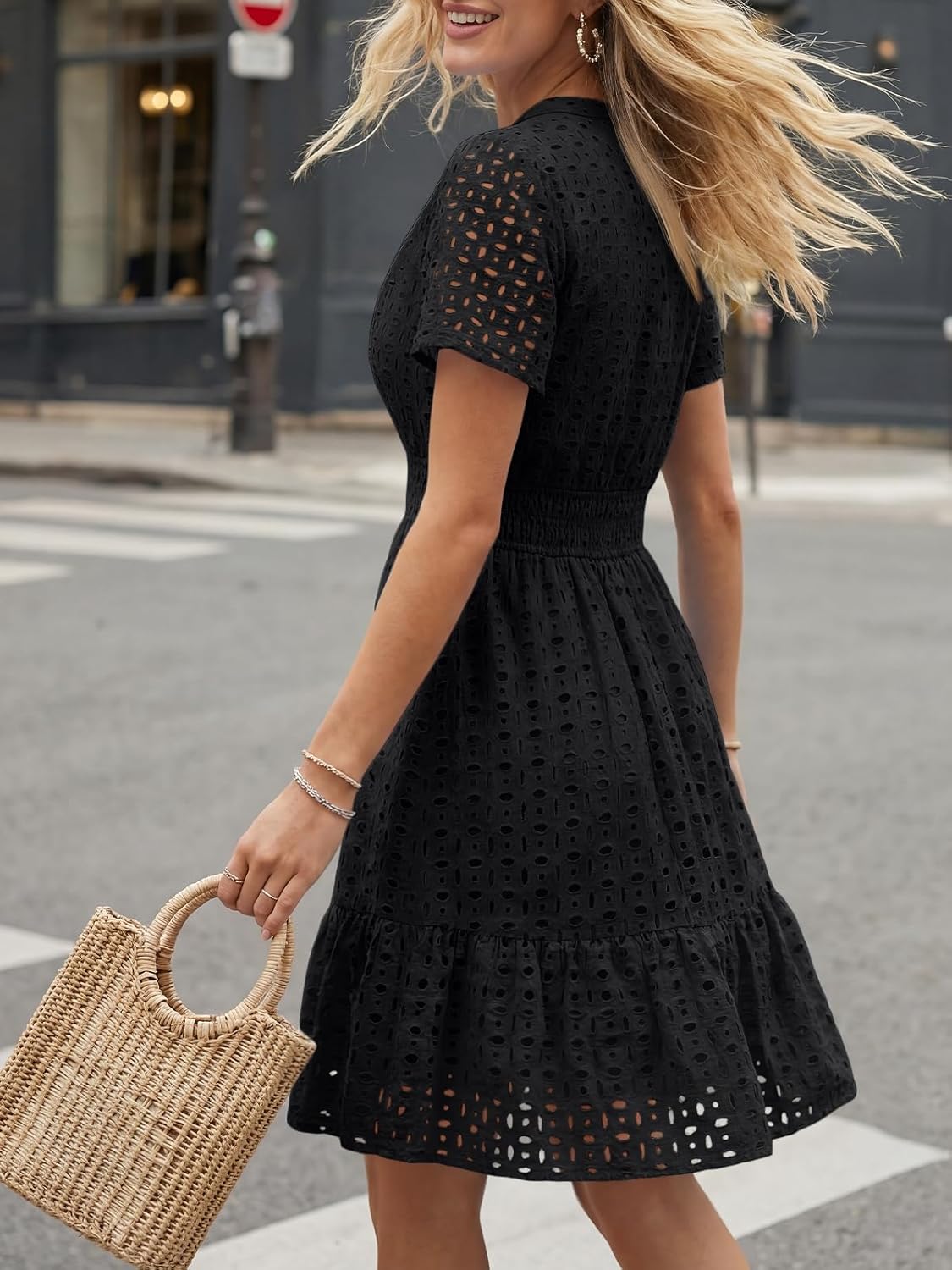 LILLUSORY Womens 2026 Summer Dress Mini V Neck A Line Hollow Out Lace Spring Cute Casual Beach Vacation Outfits Party Dresses - Image 4