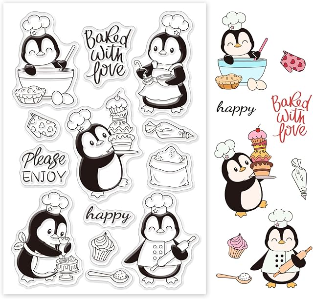 GLOBLELAND Penguin Chef Clear Stamps Baking Dessert Cake Transparent Silicone Stamp Seal for Card Making Photo Journal Decoration DIY Scrapbooking