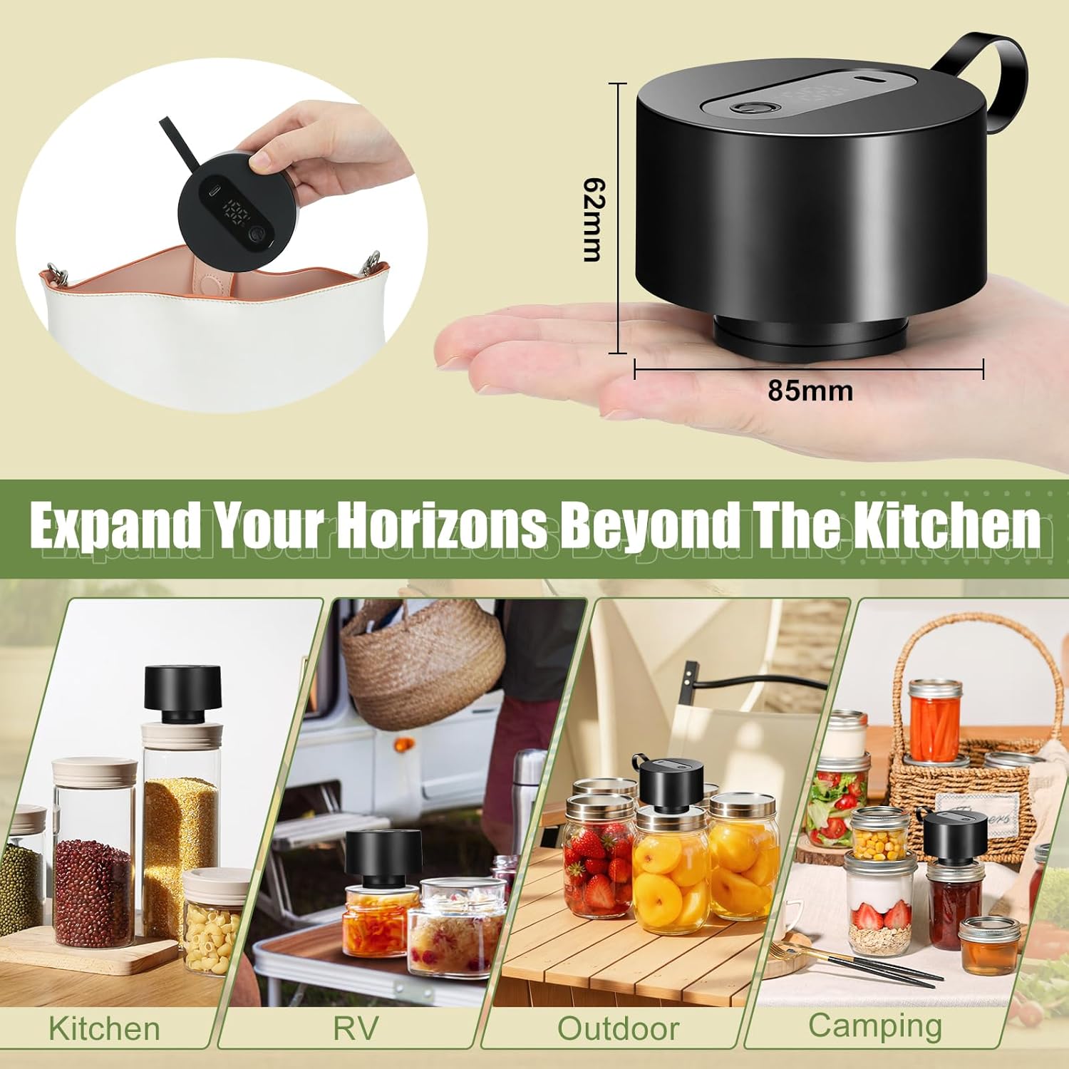 Electric Mason Jar Vacuum Sealer Kit, Automatic Stop Sealing Machine for Food Storage, Cordless Jar Sealer Compatible with Wide and Regular Mouth Mason Jars, Bags & Containers, 680+ Uses