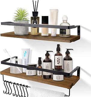AGM Wandregal Holz 2er Set mit Handtuchhalter, schwimmende Regale Wand aufbewahrungs Regal Hängeregal Ideal für Badezimmer Küche Wohnzimmer Büro Schlafzimmer（mit Haken）