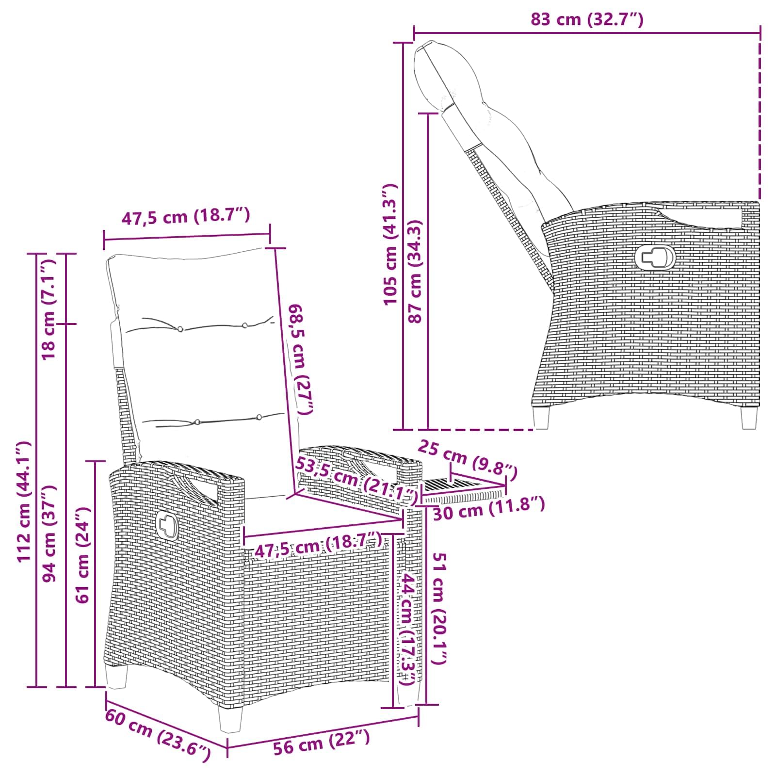 Regulowane krzesło ogrodowe czarne z polirattanu, 56 x 60 x 112 cm, krzesło outdoorowe ze składanym stołem, krzesło z podłokietnikami na taras, balkon, do ogrodu, odporne na warunki