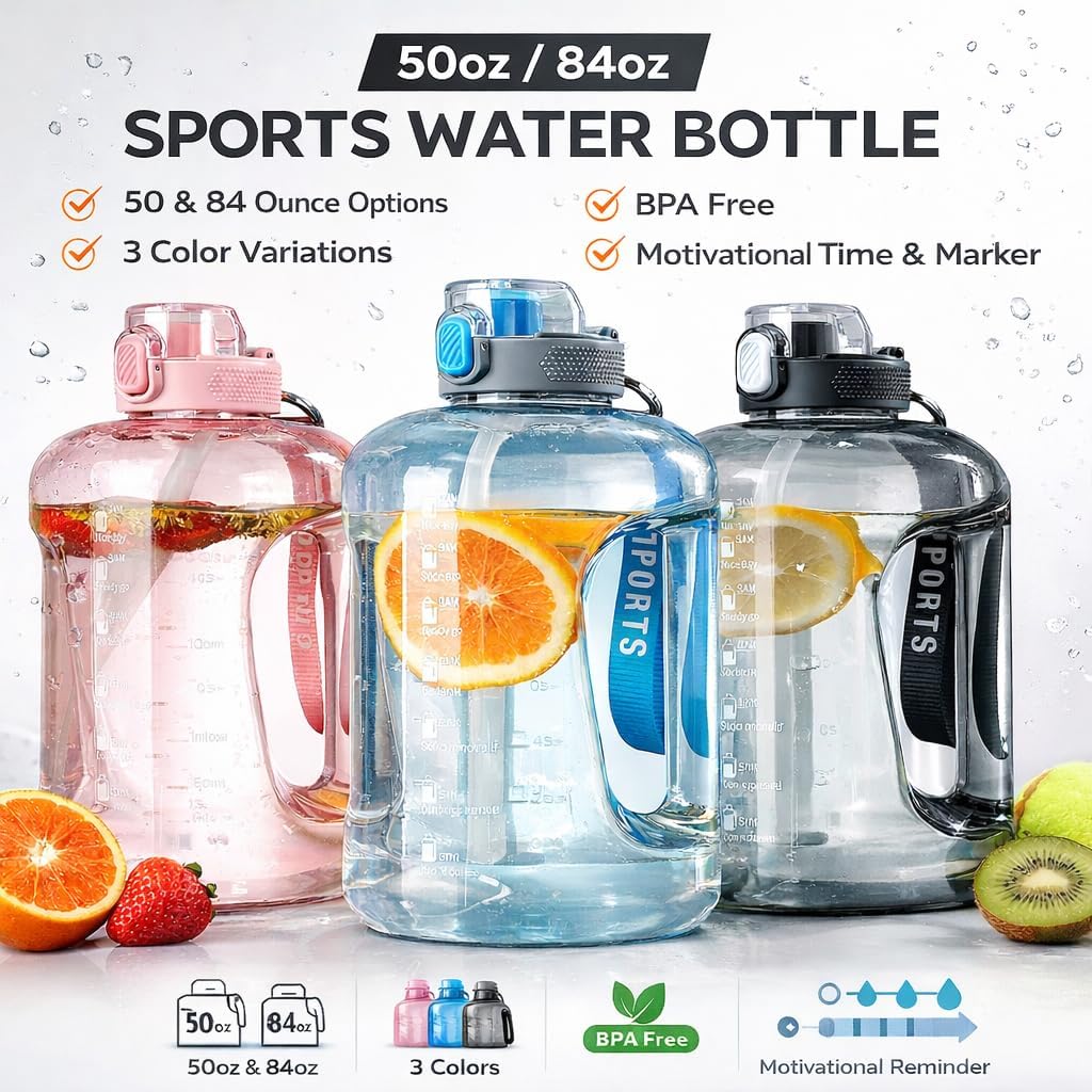 50oz & 84oz Motivational Water Bottle - Time-Marked, Leak Proof & BPA free. 2-in-1 Lid with Straw, Food-Grade Tritan. Half Gallon Sized, Ideal for Gym, Fitness & Outdoor Activities (50oz, U-Pink)