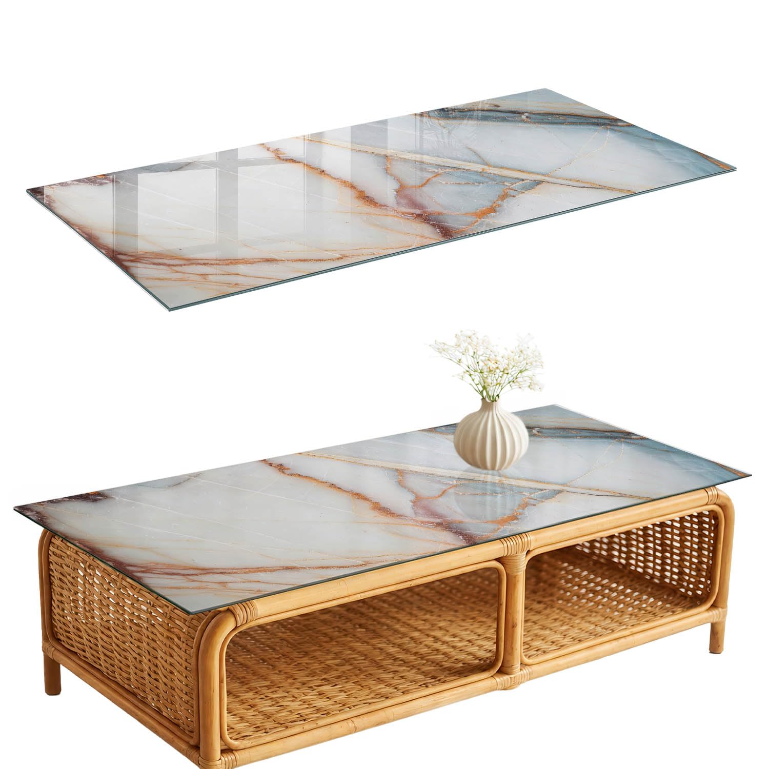 Placa de Cristal 125x50 cm | Rectangular | Bordes Pulidos | Elegancia del mármol | con Impresión Decorativa | Pies Antideslizantes | Vetro Temperato | para la Cocina y Salón