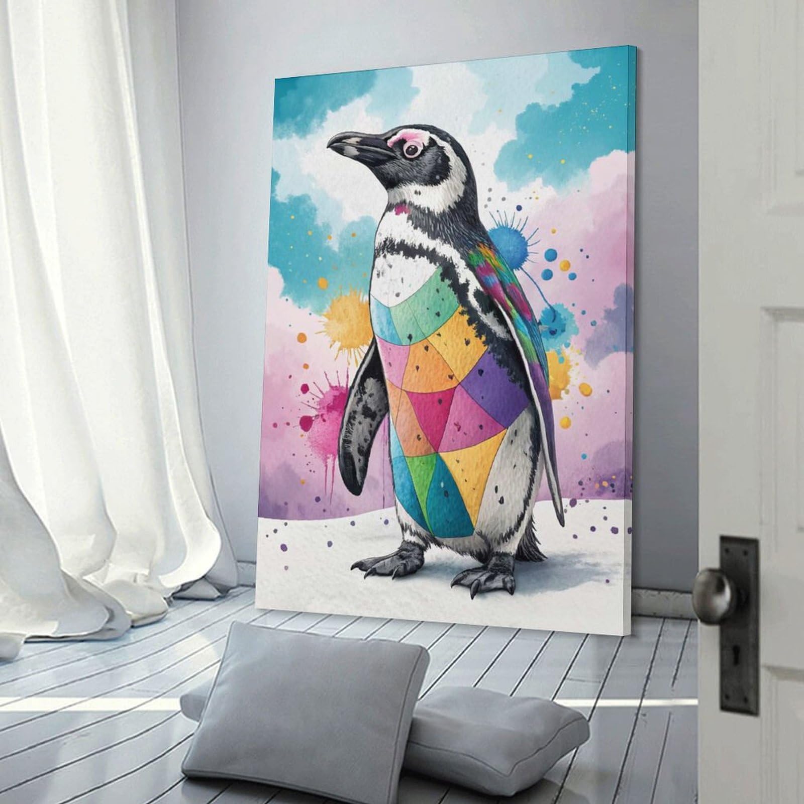 Junmoney Colorful Penguin Art Wall Art Print 12x18inch(30x45cm), for Hallway, Entryway Or Landing, Wall Decor to Refresh Empty Corners, for Cosy Room Updates