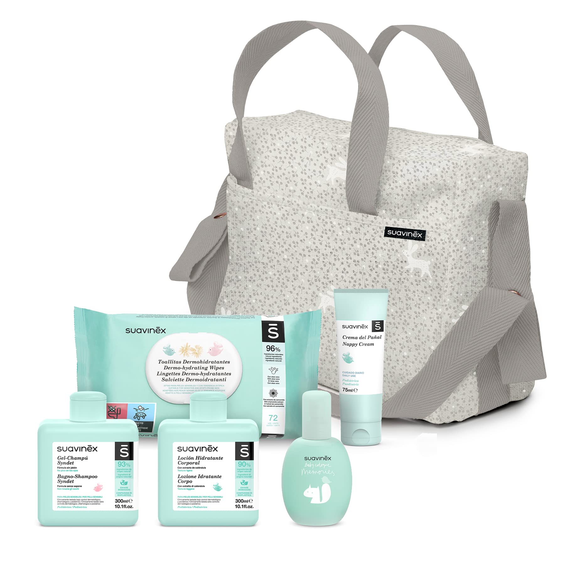 Suavinex, Bolso Carro Bebé con Cosmética: Gel Champú Syndet 300 ml + Loción Hidratante 300 ml + Crema Pañal 75 ml + Baby Cologne Memories 100 ml + Toallitas 72 Uds., Gris