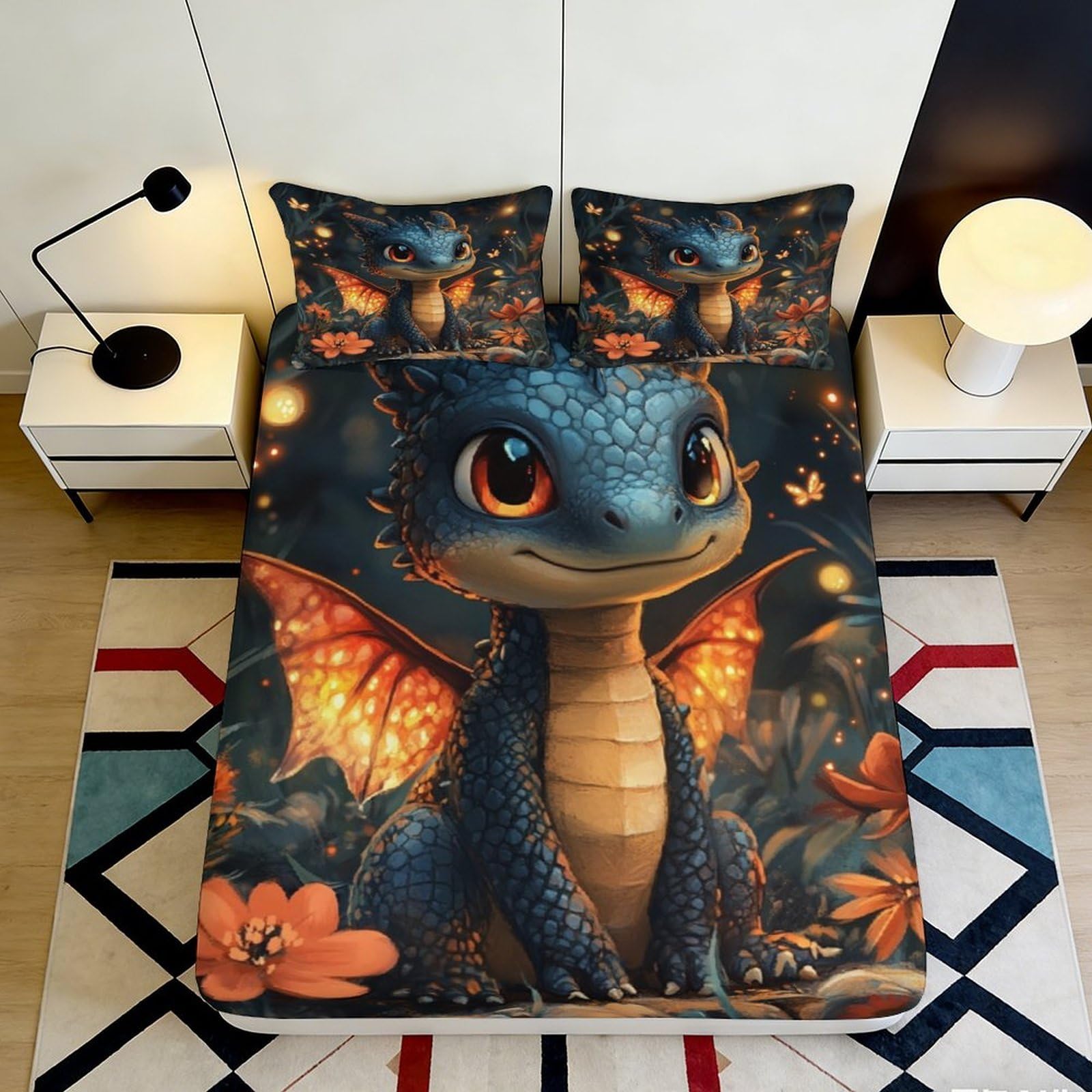 3D Printed Blue Cartoon Dragon Fitted Sheet Microfiber Soft Anti-Slip Orange Wings Bed Cover for Bedroom Mattress 140x200x25cm