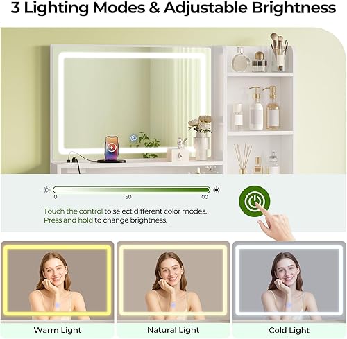 Miniatura 2 de Greenstell Escritorio de tocador con espejo y luces, mesa de tocador de maquillaje con taburete tapizado, 4 cajones y 3 estantes de almacenamiento,