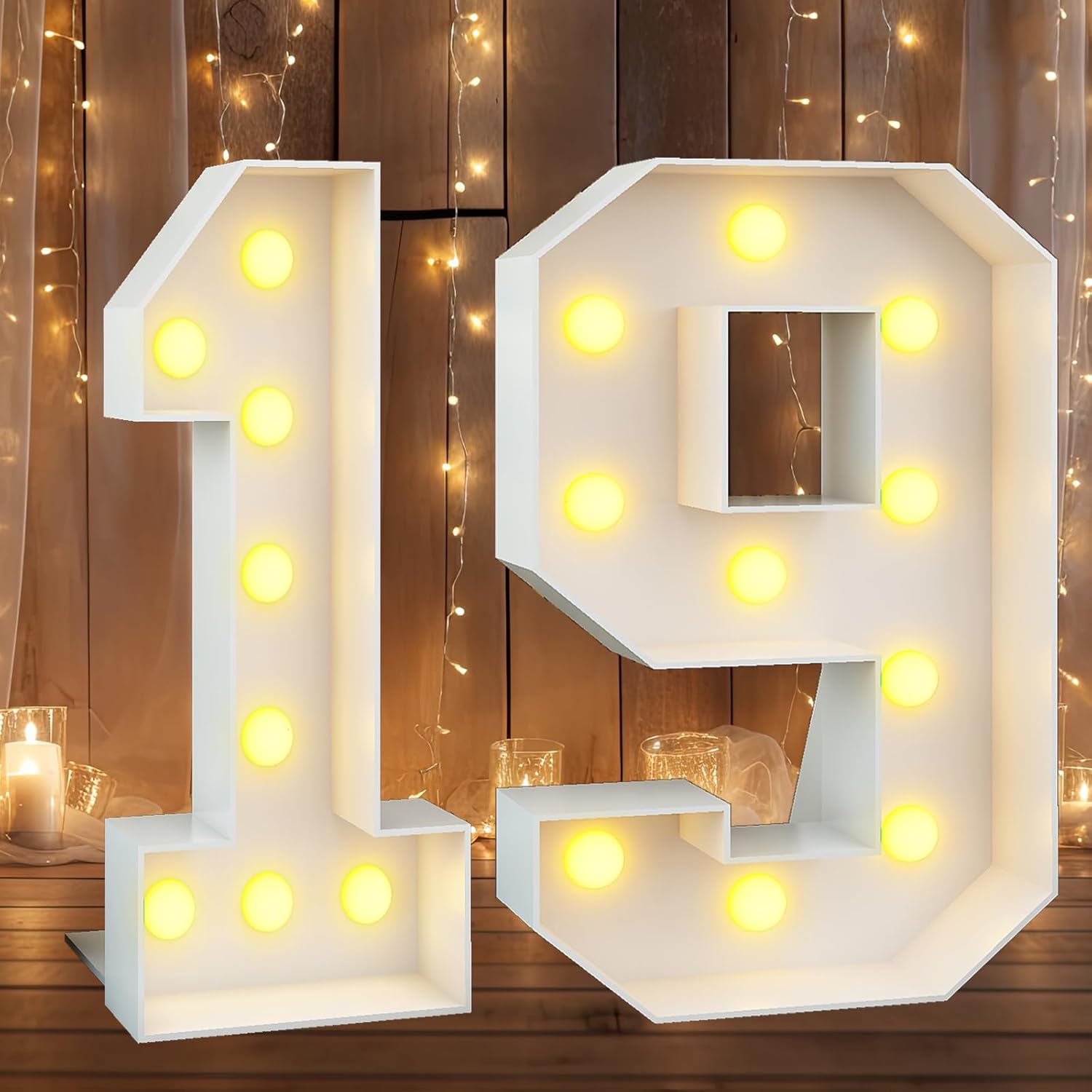 Pack of Light up Number 19 91, 19th 91st birthday Party Decorations with Light, White 4ft Marquee 1 and 9 Numbers, Large Mosaic Frame Letter Cardboard Pre-Cut Thick Foam Board Sign
