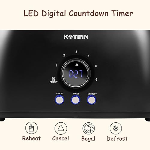 Miniatura 3 de Tostadora KOTIAN de 4 rebanadas, tostadoras retro de ranura larga con temporizador de cuenta regresiva, tostadora de acero inoxidable, bagel,