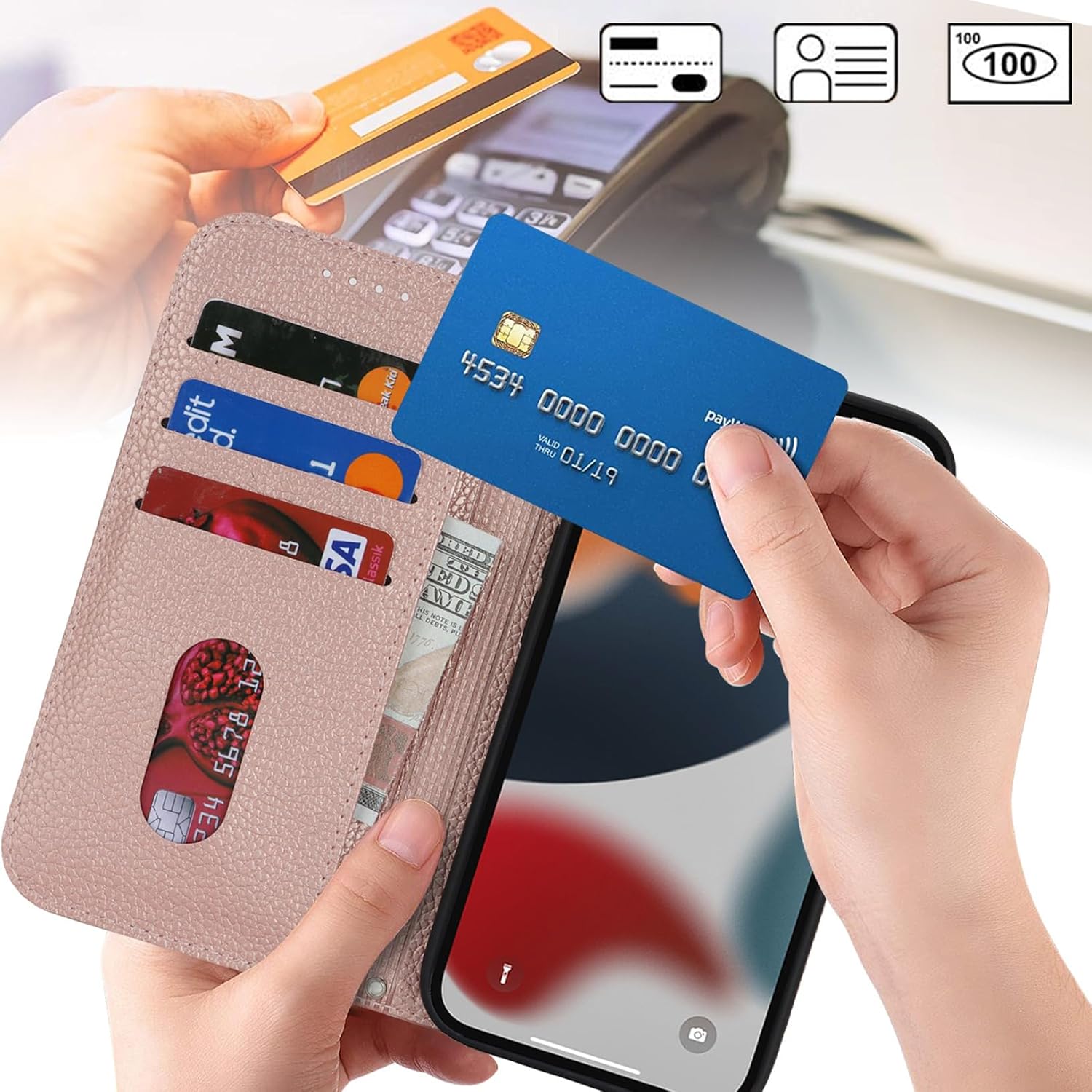 Jaorty for iPhone 13 Pro Max 5G Phone Case Wallet with Wrist Strap,Wallet Case for iPhone 12 Pro Max with Card Holder for Women,Cash Pocket PU Leather Magnetic with Kickstand,6.7" Lichi Rose Gold - Image 2