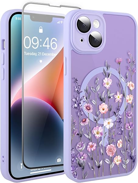 Magnetic for iPhone 14 Plus Case with Screen Protector [Compatible with MagSafe] Pretty Flower Floral Pattern Design, Shockproof Slim Cover for Women Girls, Purple