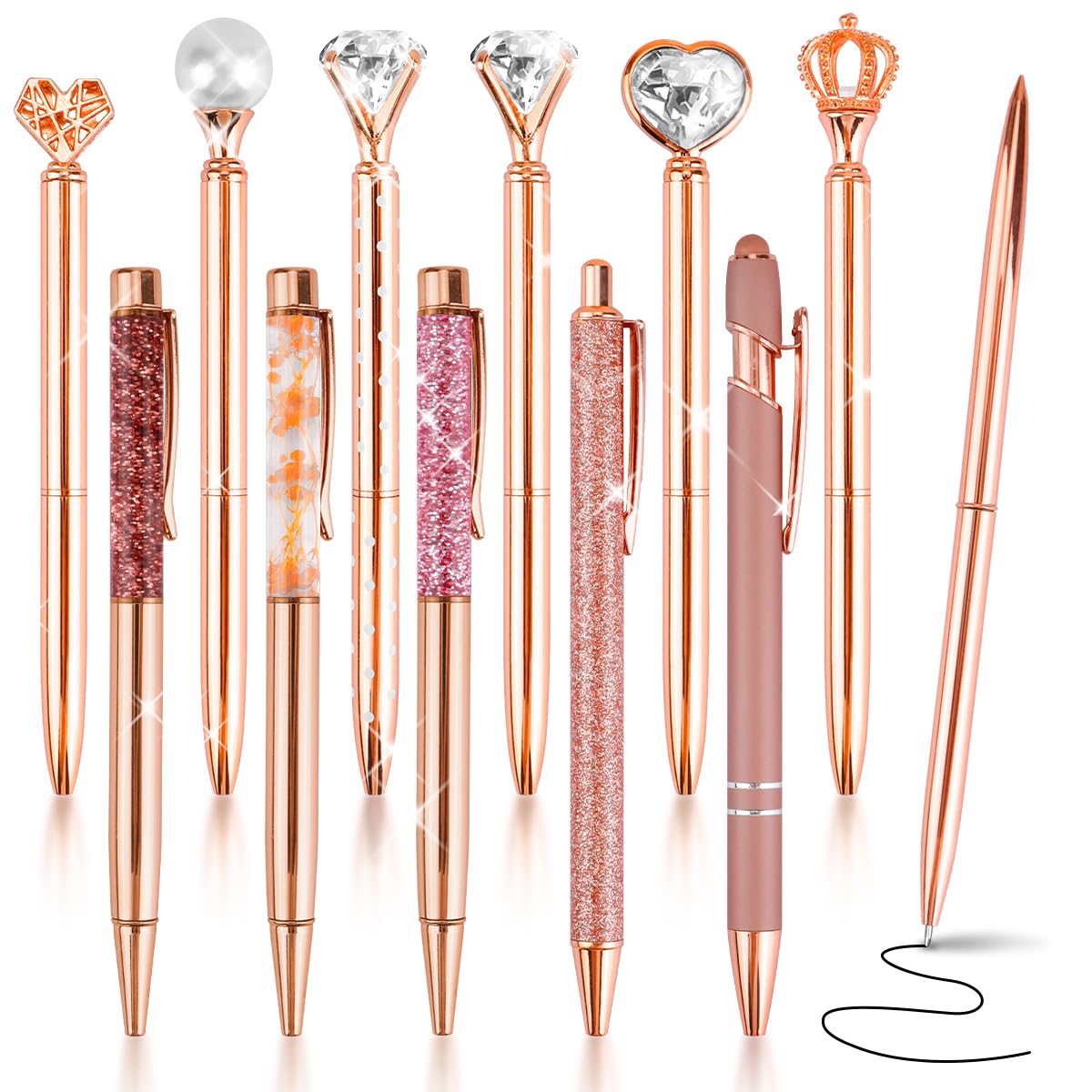 IBEQUEM 12Pcs Rose Gold Metal Crystal Diamond Pen Set including Liquid Sand Glitter Black Ink
