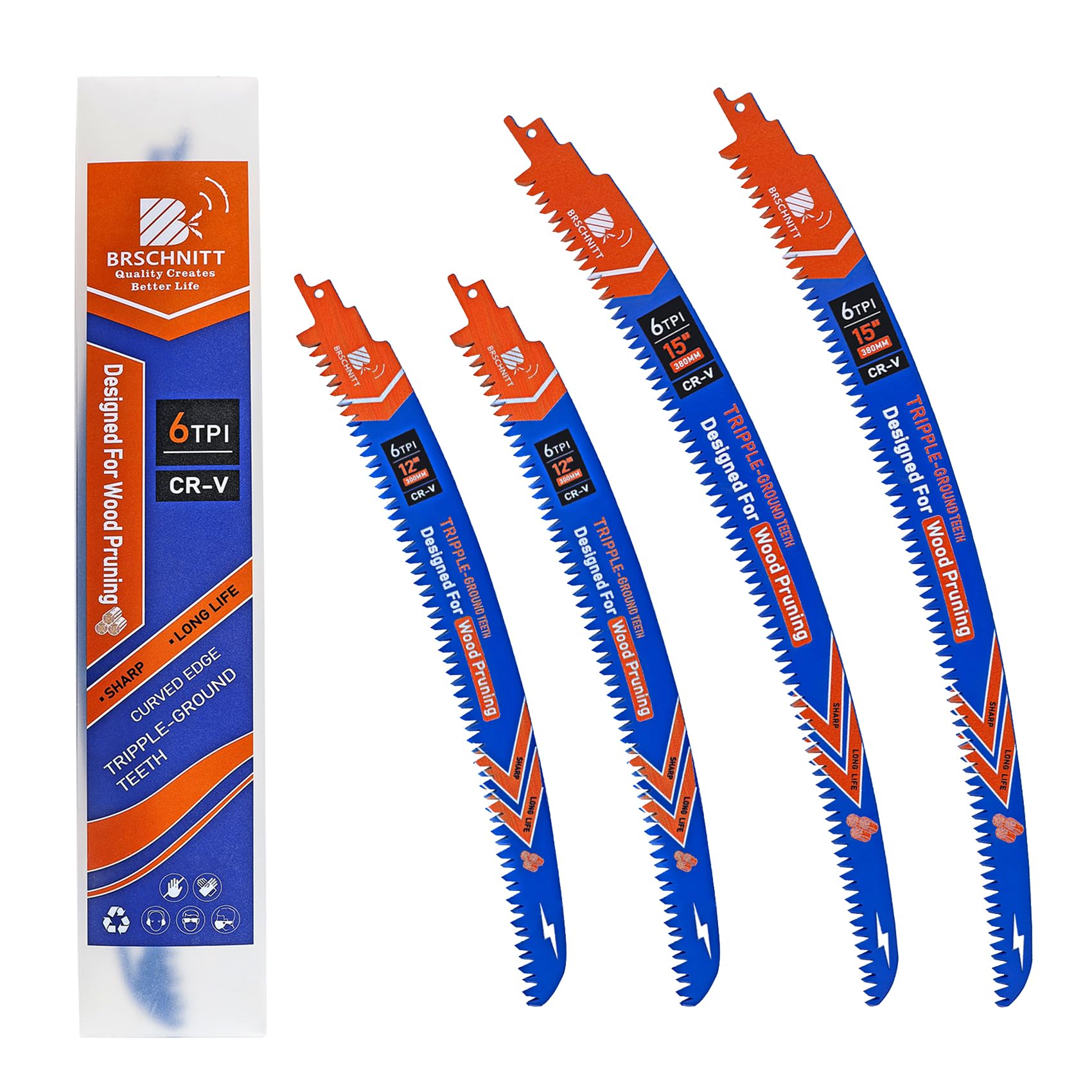 BRSCHNITT Japanese Teeth Reciprocating Saw Blades 380mm*2+300mm*2- Curved Edge Wood Pruning Saw Blades 6TPI for Tree Trimming,Wood Cutting,Cr-V Sabre Sawzall Blades
