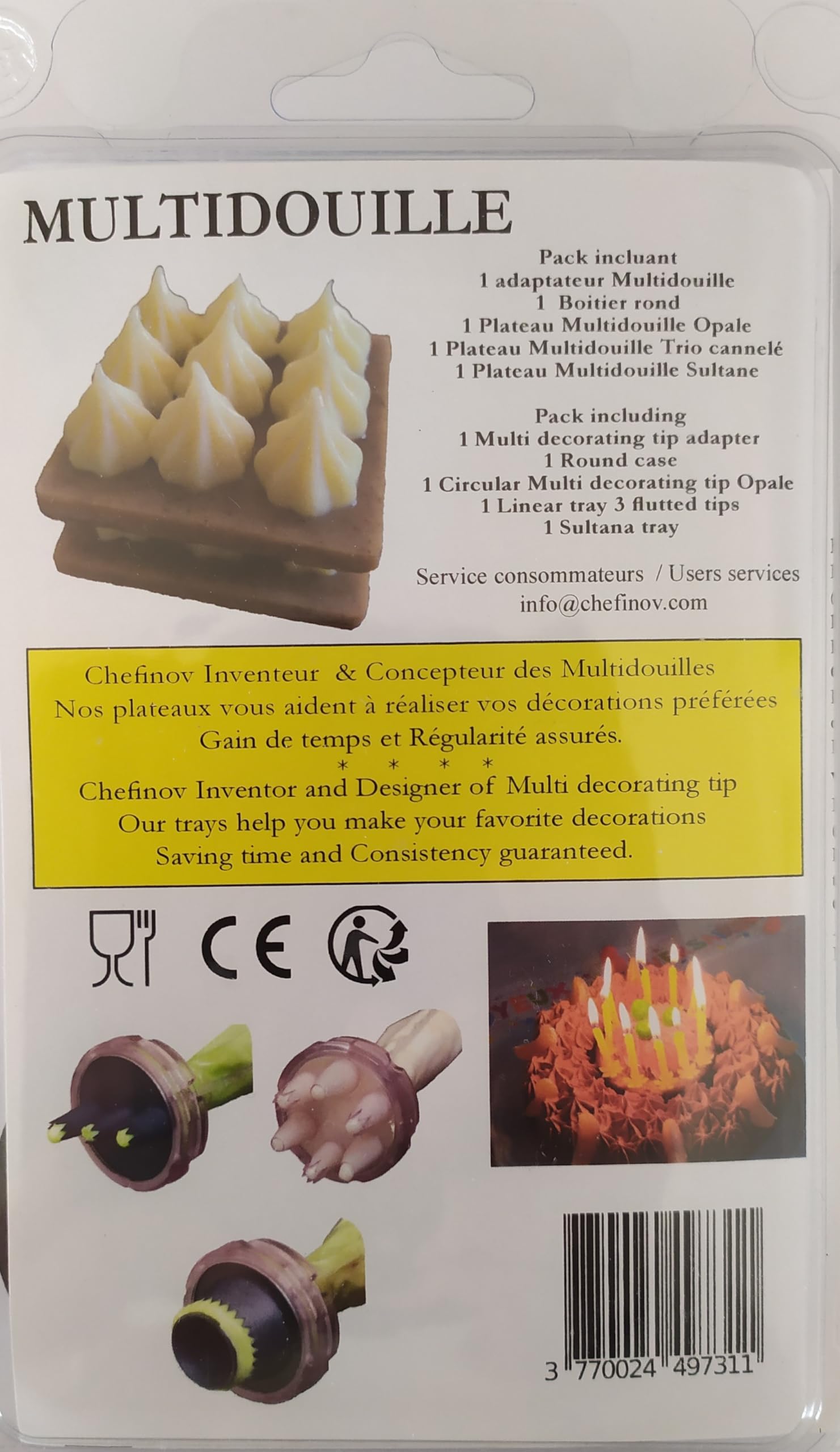 Coffret Multidouille Chefinov - 3 Plateaux P'tit Chef - Douilles pâtisserie unies, cannelées, sultane - Une seule pression le décor est réalisé.