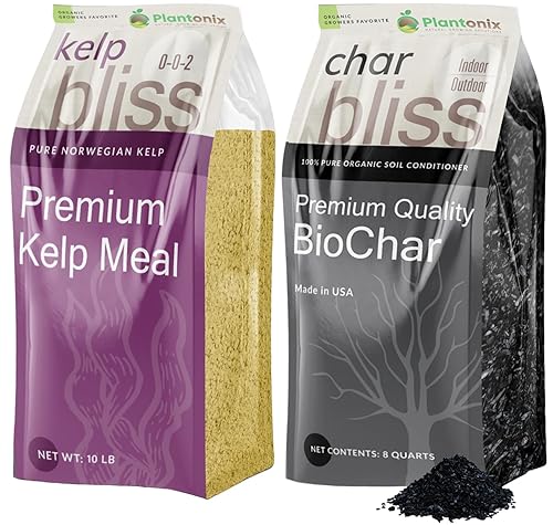 Kelp Bliss (10 libras) + Char Bliss (8 cuartos de galón) Fertilizante orgánico de harina de algas y biocarbón orgánico para plantas Carbón vegetal