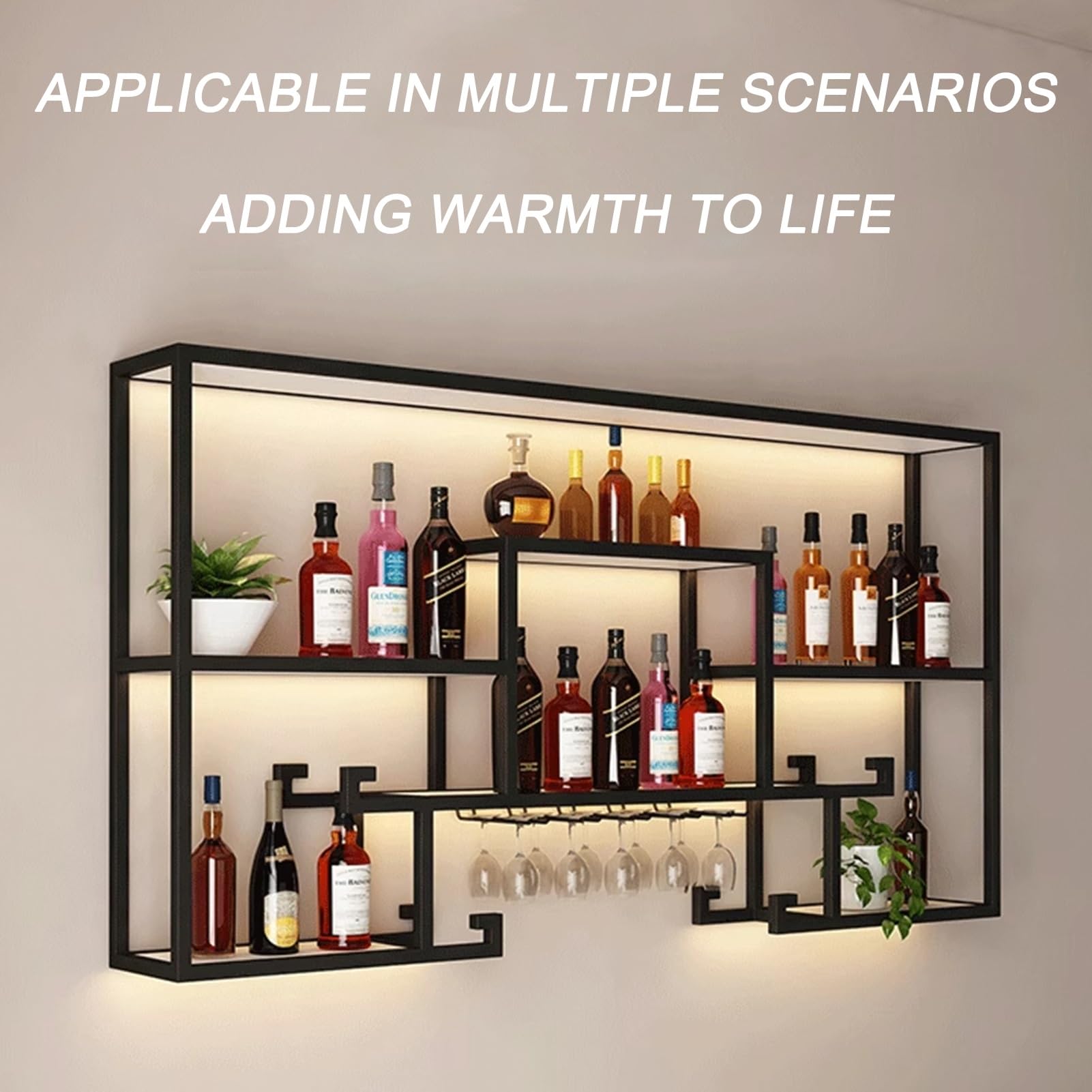 Cantinetta portabottiglie da Parete, portabottiglie da Bar, Ripiani in Ferro con Luce LED, con portabicchieri da Vino sospeso, mobiletto per liquori, mensola per bottigli