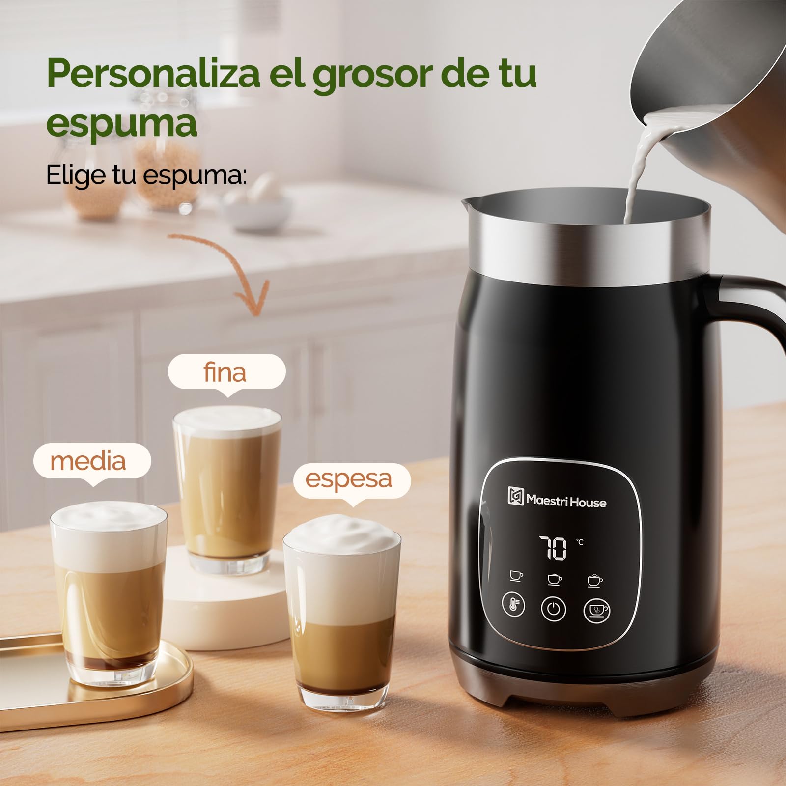 Maestri House Espumador de leche, 4 en 1 Espumador de leche de temperatura y espesor variables y vaporizador, 400ml Control táctil inteligente Fabricante de espuma, función de memoria para café con