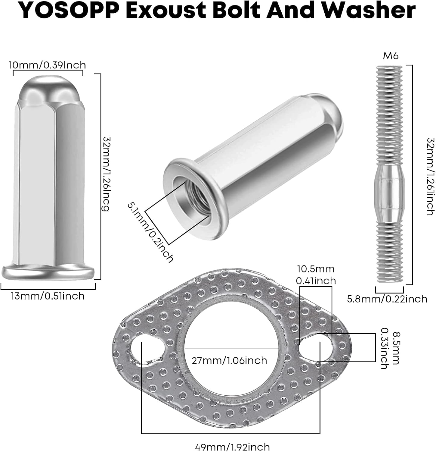 GY6 Exhaust Bolt Nuts Gasket 2pcs - Scooters ATVs GMB139 Engine Moped Quad 4 Wheeler Dune Buggy Go Karts (Silver) - 50cc 90cc 110cc 125cc 150cc