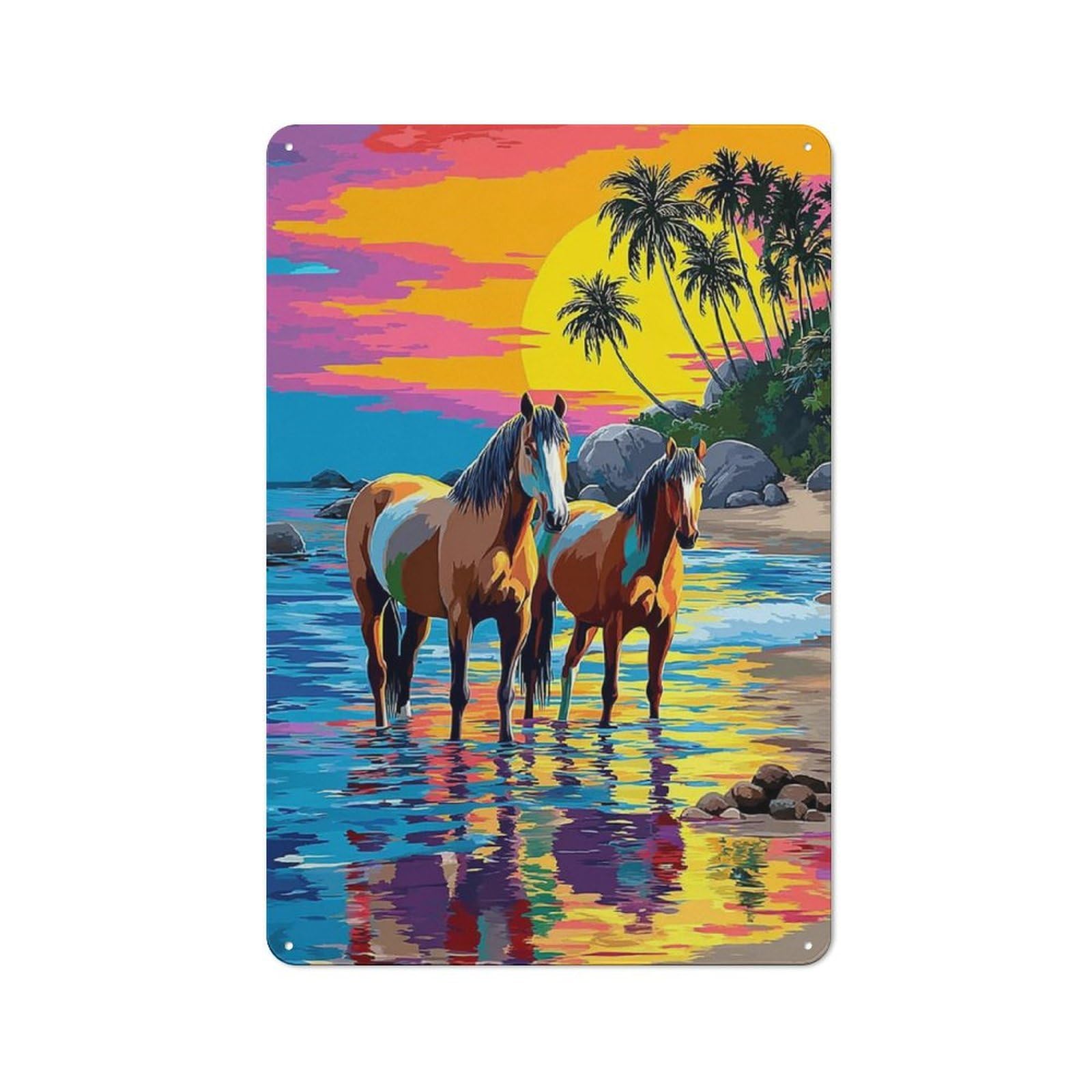 Junmoney Beach Sunset Horses Art Print -1 Vintage Metal Sign 30X20cm For Lounge Or Reading Corner, For Garage, Workshop And Man Cave Decoration
