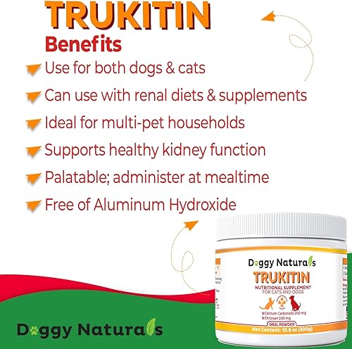 Miniatura 4 de Trukitin - Carpeta de fosfato a base de quitosina para gatos y perros, ingredientes naturales de grado humano para suplemento de apoyo renal con