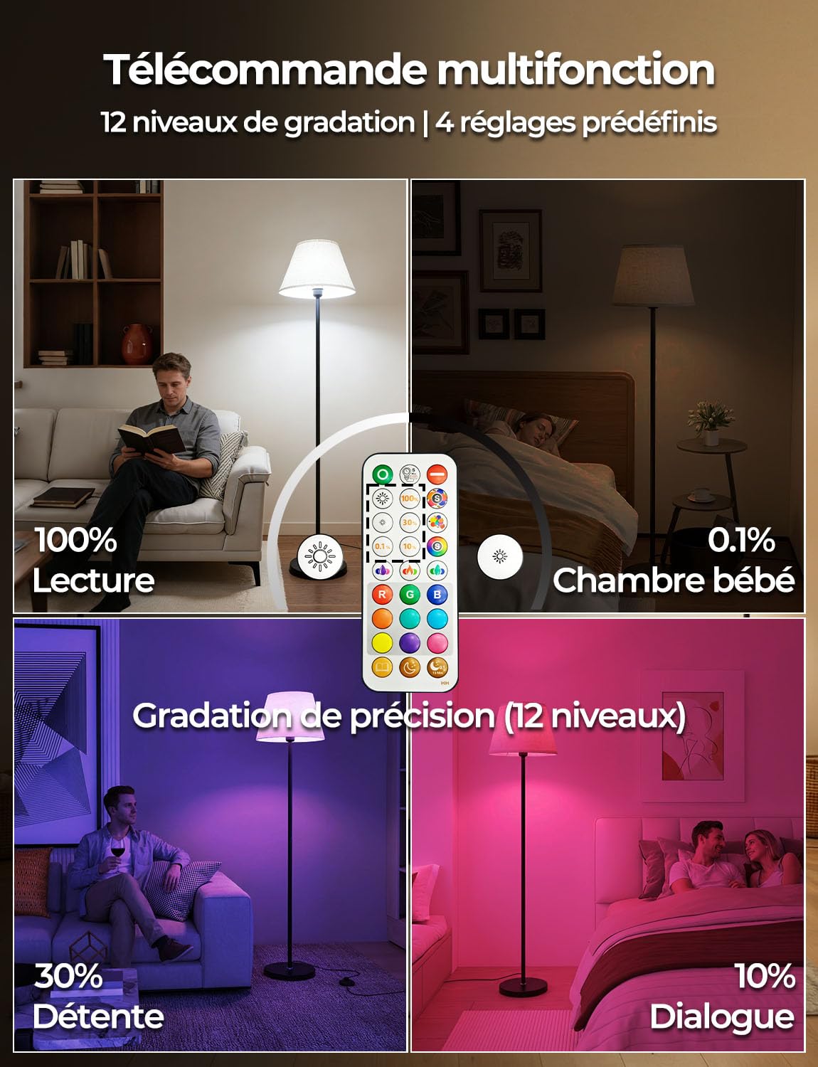 Lampadaire LED sur Pied Salon avec Variateur RGB, Double commande par Télécommande et interrupteur au pied, 9 couleurs + 6 modes Dynamiques, 152CM Moderne& 1200LM Ampoule, CRI92,pour Chambre et Bureau