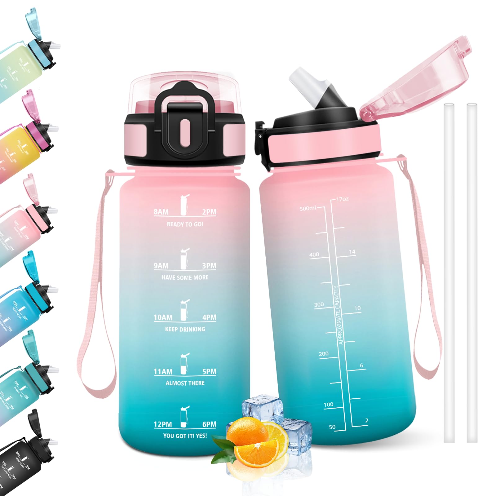 HoneyHolly Straw Bottle, 500 ml, BPA Free & Leakproof, Motivation Water Bottle, with Time Marker, Water Bottle for Gym, School, Cycling, Outdoor, Sport