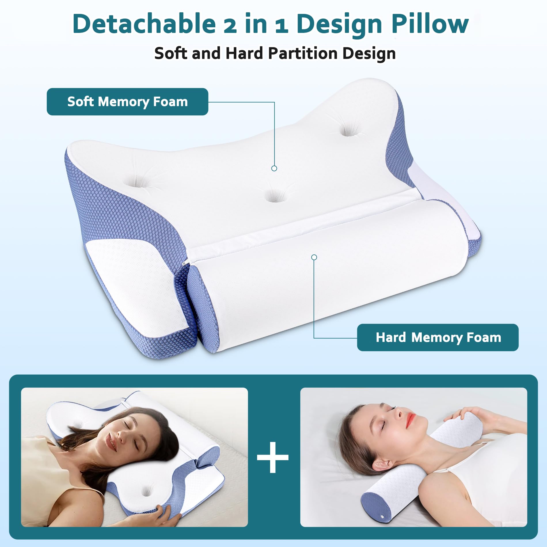 TopEsct Cuscino Cervicale per Dormire, 2 in 1 Cuscino Ergonomico Memory Foam Cervicale, Cuscino Cervicale & Cuscino Cilindrico (Blu)