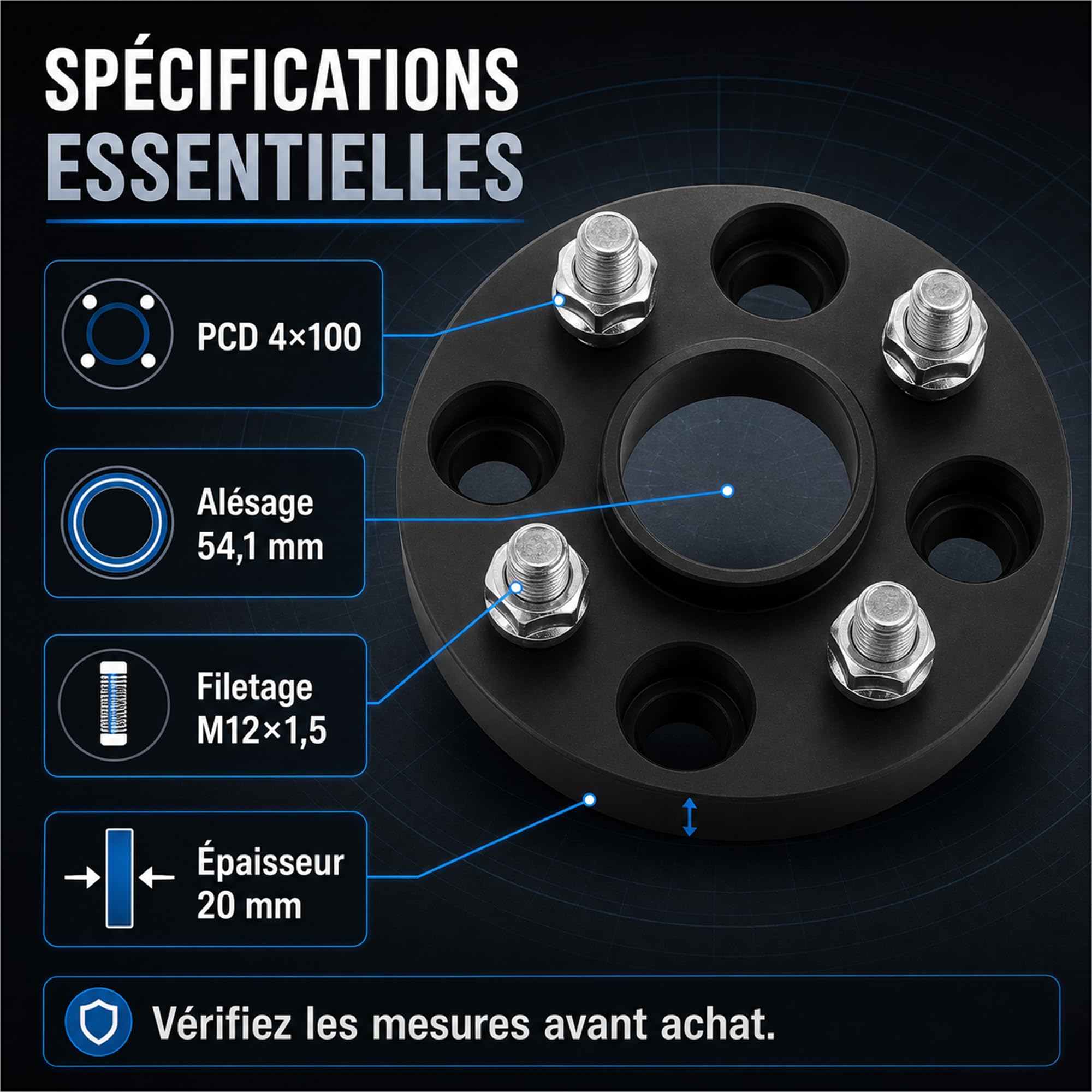 Espaceurs De Roue Aluminium 20mm Eelargisseur de Vvoie 4x100 PCD Filet M12x1,5 Alésage 54,1mm Finition Noire Anodisée Accessoire Amélioration Stabilité Conduite Compatible MX5 Mk1 Et Mk2