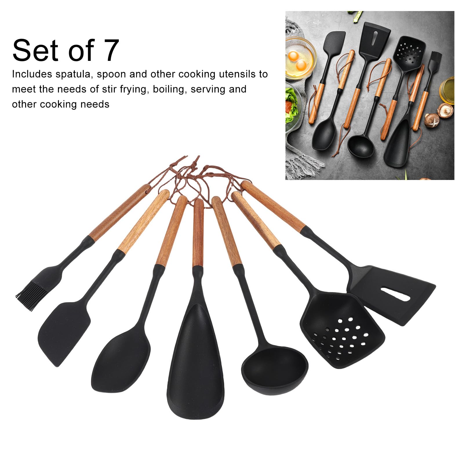 Generic Ensemble D'ustensiles de Cuisine en Silicone de 7 Pièces avec Poignées en Bois, Spatule Antiadhésive Résistante à la Chaleur, Cuillère Tournante pour Frire, Servir, Retourner