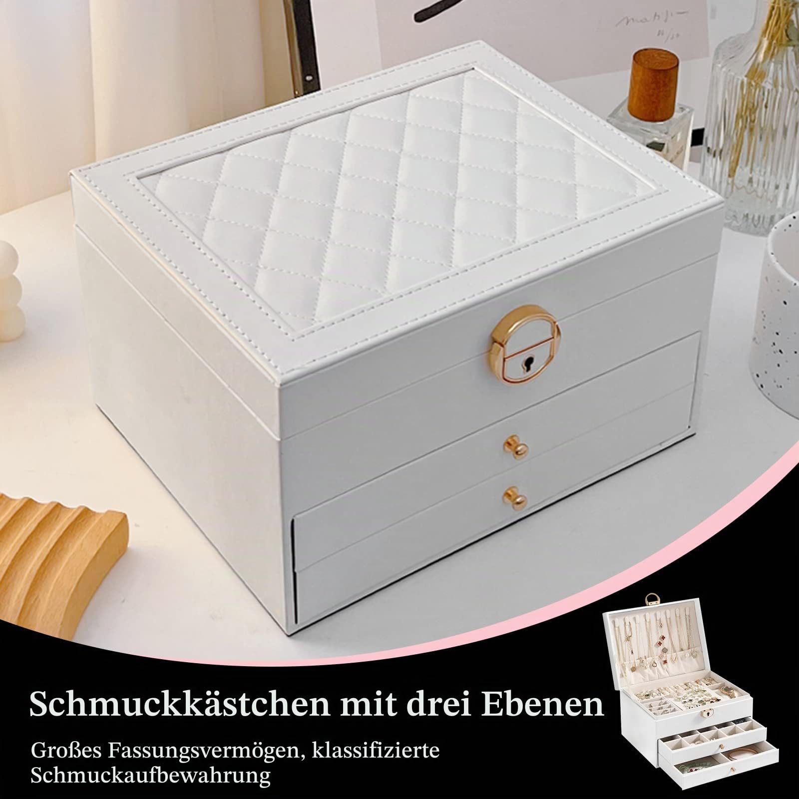 YUTUY Schmuckkästchen 3 Ebenen,Schmuckaufbewahrung,Schmuckbox,Jewelry Box,Schmuckkasten für Ringe Ohrringe Halskette Armbänder Schmuck Geschenk für Frauen Mädchen Fashion