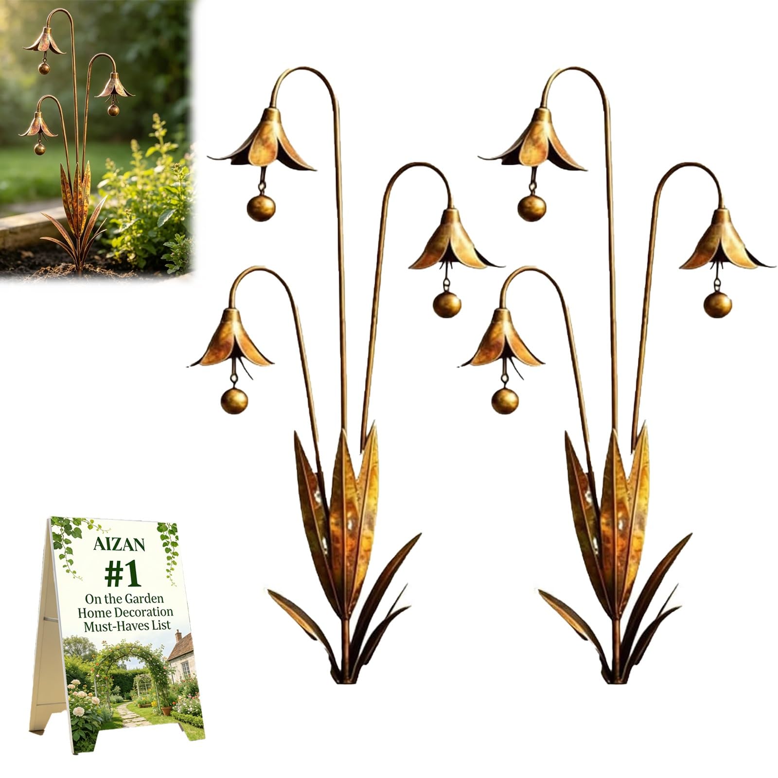 Triple Bluebells Garden Stake, Handmade Metal Flower Garden Stakes with Hanging Chime Accents Gardens Decor for Outside Rustic Floral Sculpture for Walkways Patios & Lawn Decorative Art Gift(2PCS)