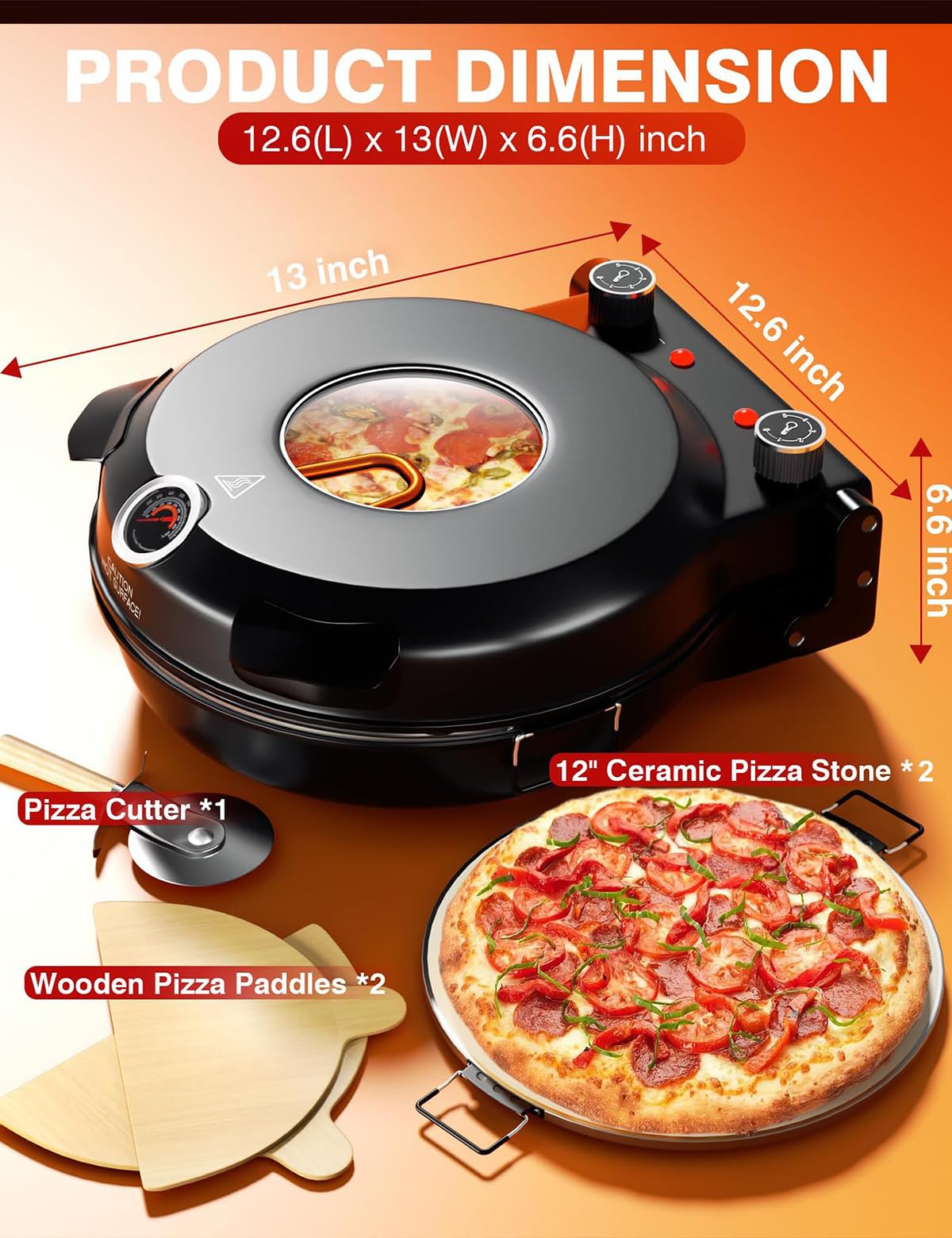 Forno Elettrico per Pizza da 1200 W, Forno per Pizza da Interno da 12 Pollici con Pietra per Pizza e teglia per griglia, termometri integrati, Timer, Finestra di visualiz,