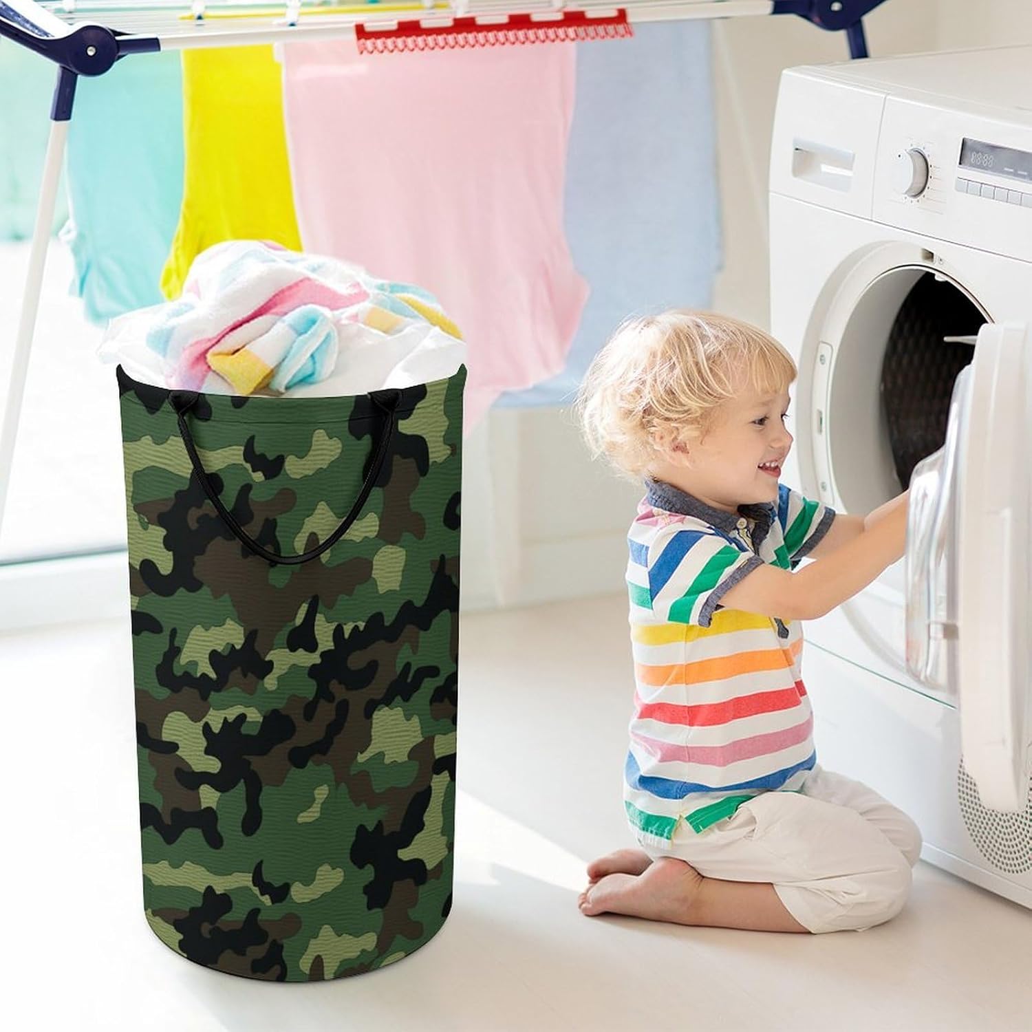 Green Military Camo Laundry Hamper with Handles Waterproof Collapsible Laundry Basket Large Lightweight Round Dirty Clothes Hamper for Home Dorm Bathroom Decor