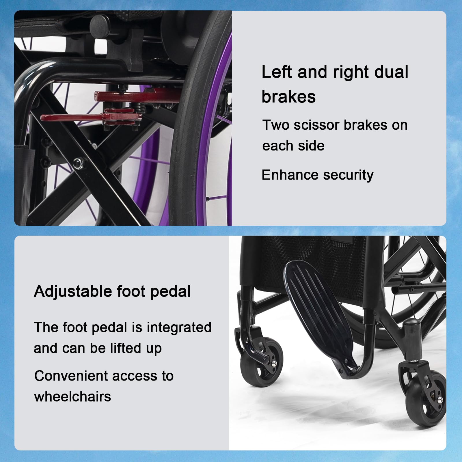 Silla de ruedas deportiva ligera con frenos de mano, silla de ruedas manual portátil de aleación de aluminio autopropulsada para transporte, diseño plegable y ruedas traseras de liberación rápida