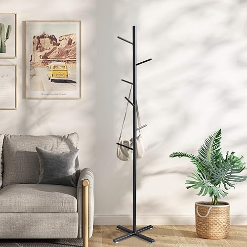 Miniatura 3 de Jolitac Moderno perchero de metal negro de pie con 7 ganchos para árbol de pasillo en esquina, perchero para sombreros y percheros, organizador de