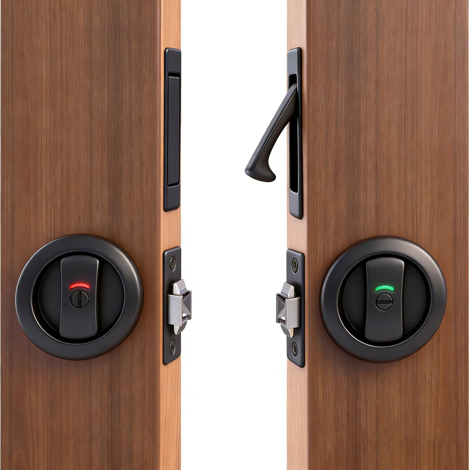 Dontay Pocket Door Round Lock with Edge Pull Handle,Color Coded Indicators,2 3/8" Backset,Stainless Steel Recessed 2 Side,for 1 3/8" to 2 3/16" Bathroom&Sliding Door,Matte Black