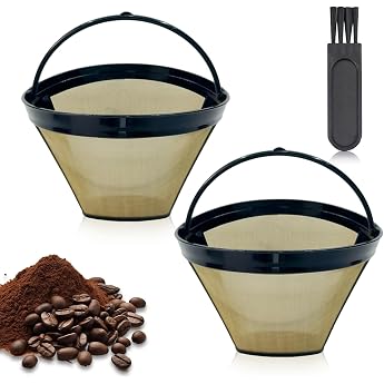 Gold Tone Filter Coffee Permanent Filter Cup Stainless Steel Coffee Filter Mesh Basket Washable Coffee Filter with Brush Permanent Filter Mesh Basket Washable for Most Coffee Machines