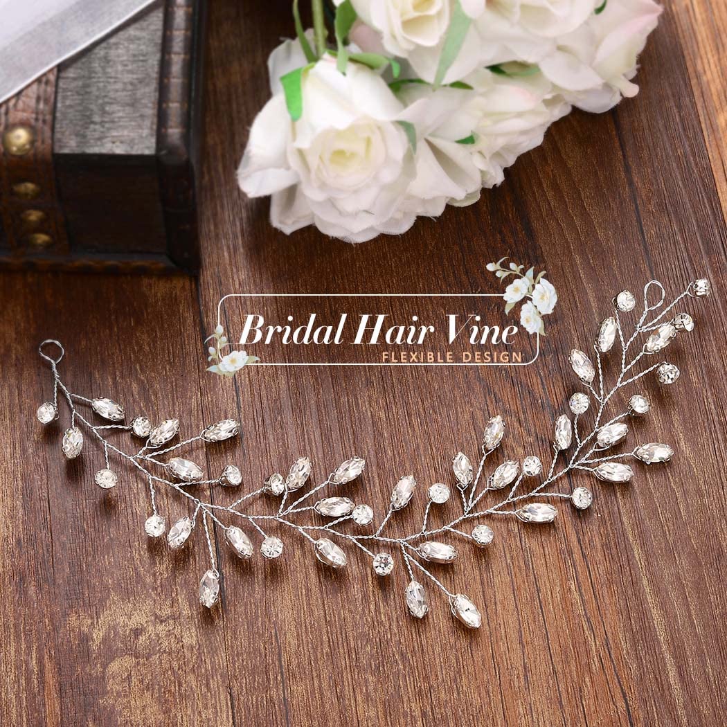 JAKAWIN Bride Wedding Crystal Hair Vine Silver Rhinestone Hair Piece Bridal Hair Sparkling Silver Hair Vine with Flowers and Crystals – DiAmoreDS main image 4