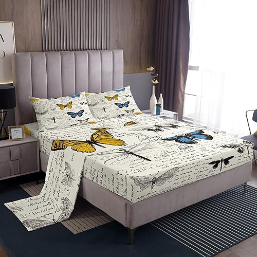 Erosebridal Juego de sábanas bajeras con temática de animales botánicos de libélula, tamaño Queen, con texto retro para niños, sábana superior de