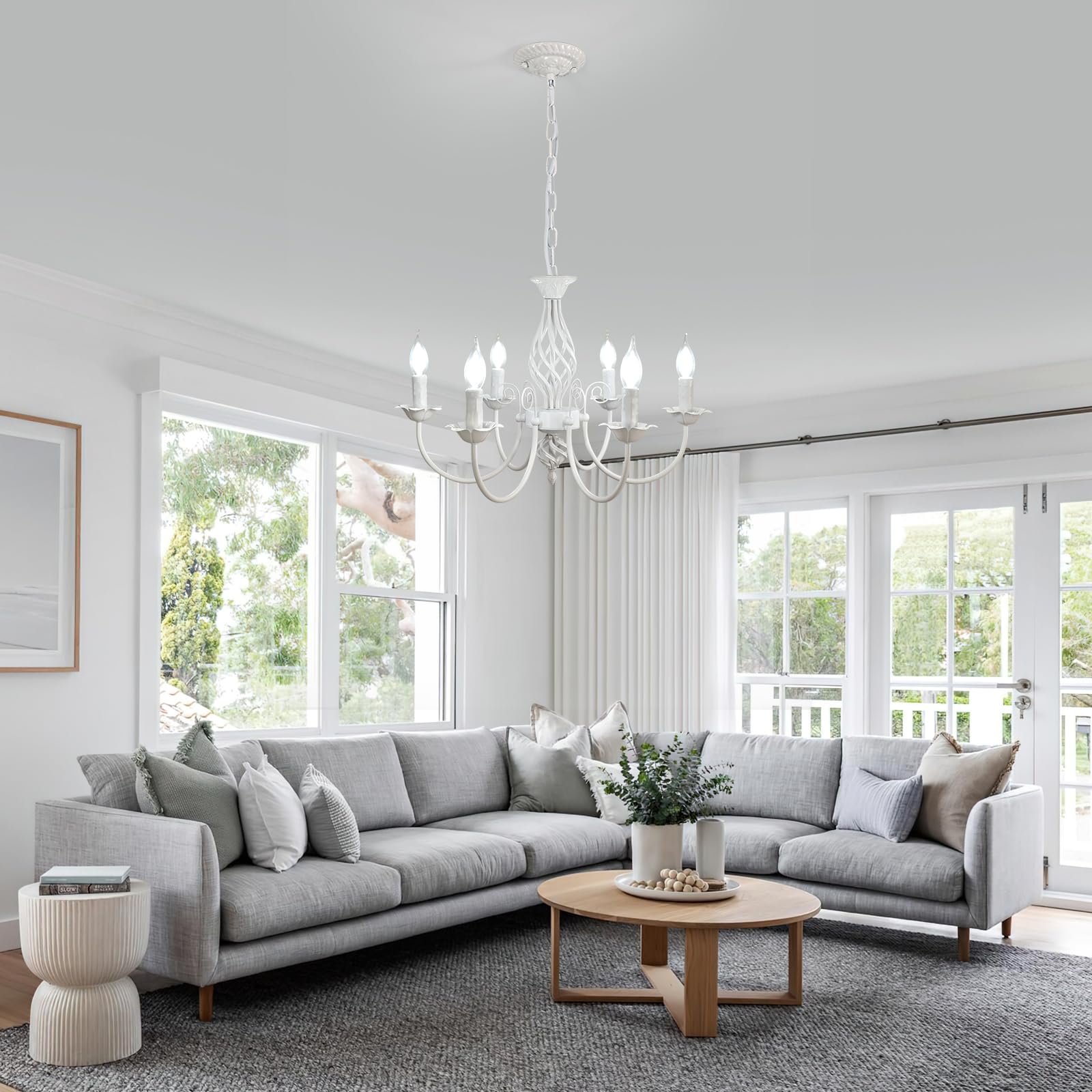 Comely Lampara Araña, Altura Regulable Bianco 6 Luces E14 Lampara Colgante | Lámpara de Techo Rusticas para Cocina, Comedor, Sala de Estar