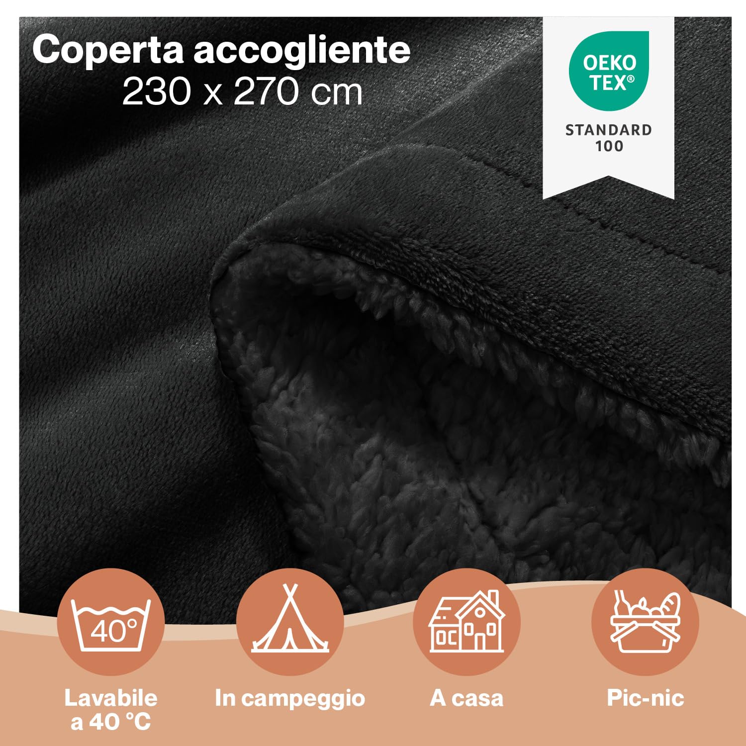 Blumtal Plaid in pile 230 x 270 – Plaid nero certificato Oeko-TEX®, plaid in pile Sherpa, coperta in pile di alta qualità, morbido, caldo, morbido, nero