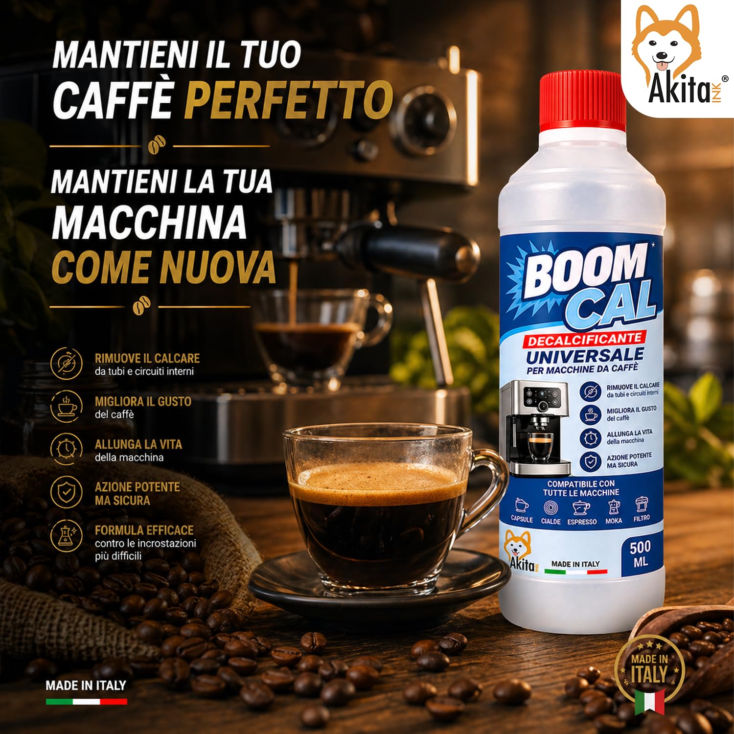 Akitaink Decalcificante Universale per Macchine da Caffè 1000 ml, 2 Flaconi da 500 ml per Pulizia e Manutenzione di Macchine Espresso e Automatiche