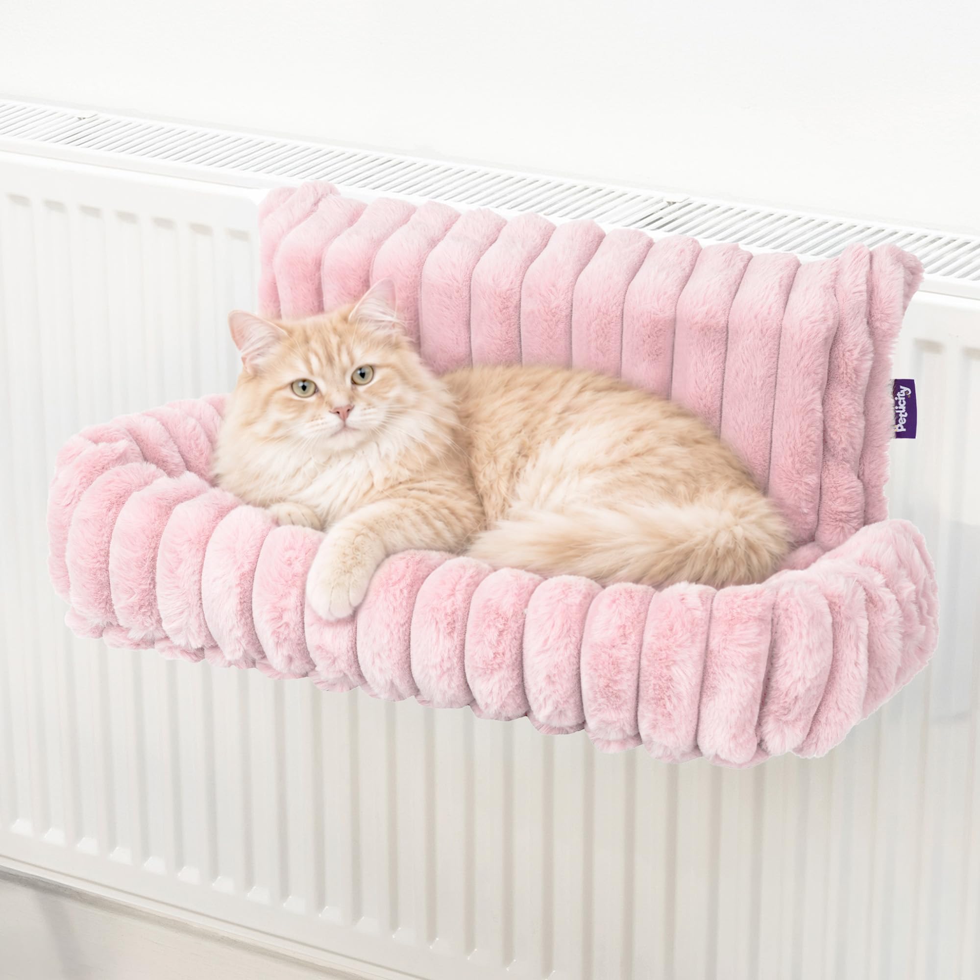Petlicity Snuggle Padded Cat Radiator Bed - Striped Faux Cover Hanging Cat Bed with Foldable Iron Frame - Machine Washable Cover Hammock Bed for Cats, Kittens, Radiators (Pink)