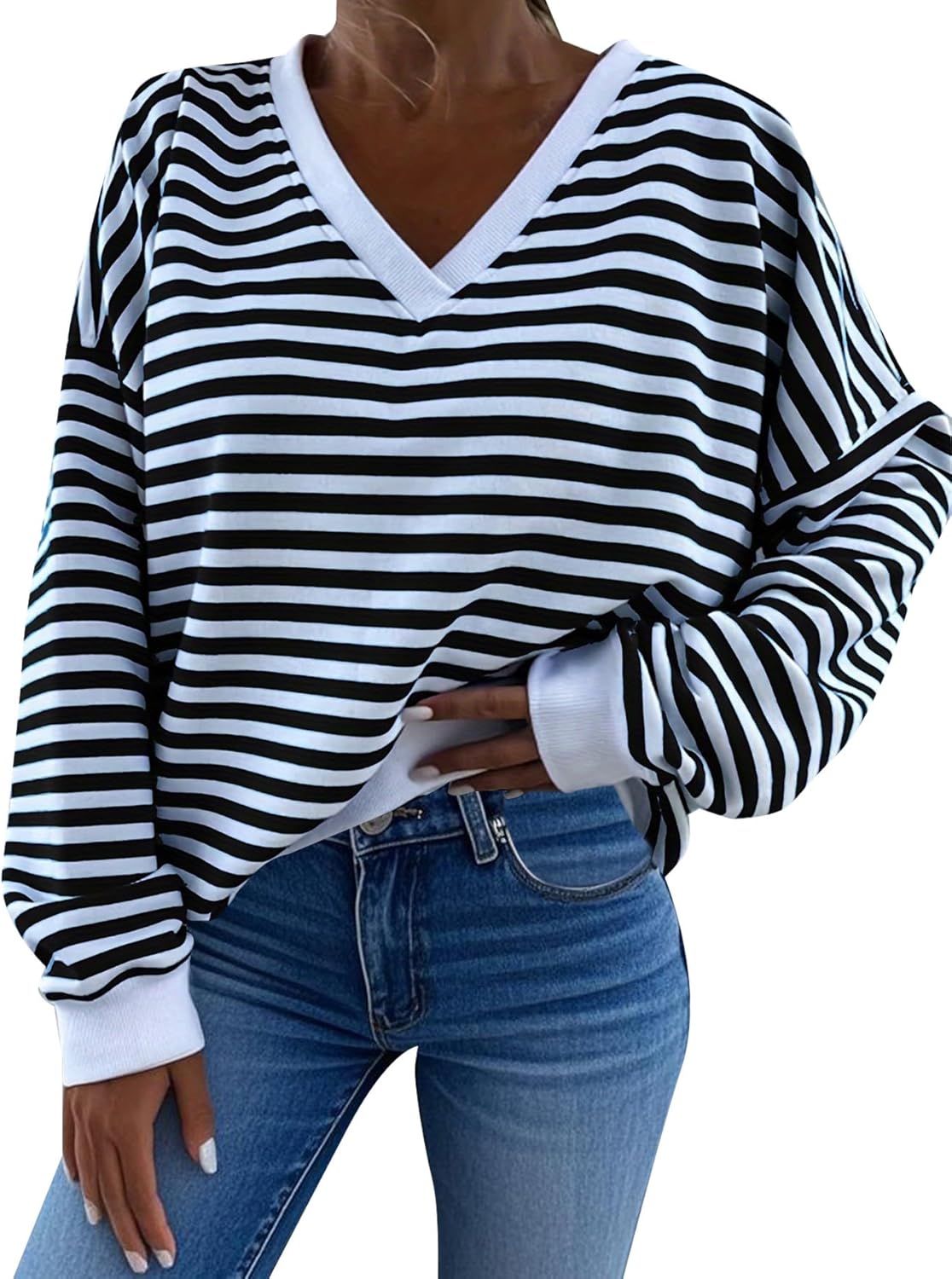 LilyCoco Striped Shirt Women Oversized V Neck Sweatshirt Long Sleeve Pullover Top