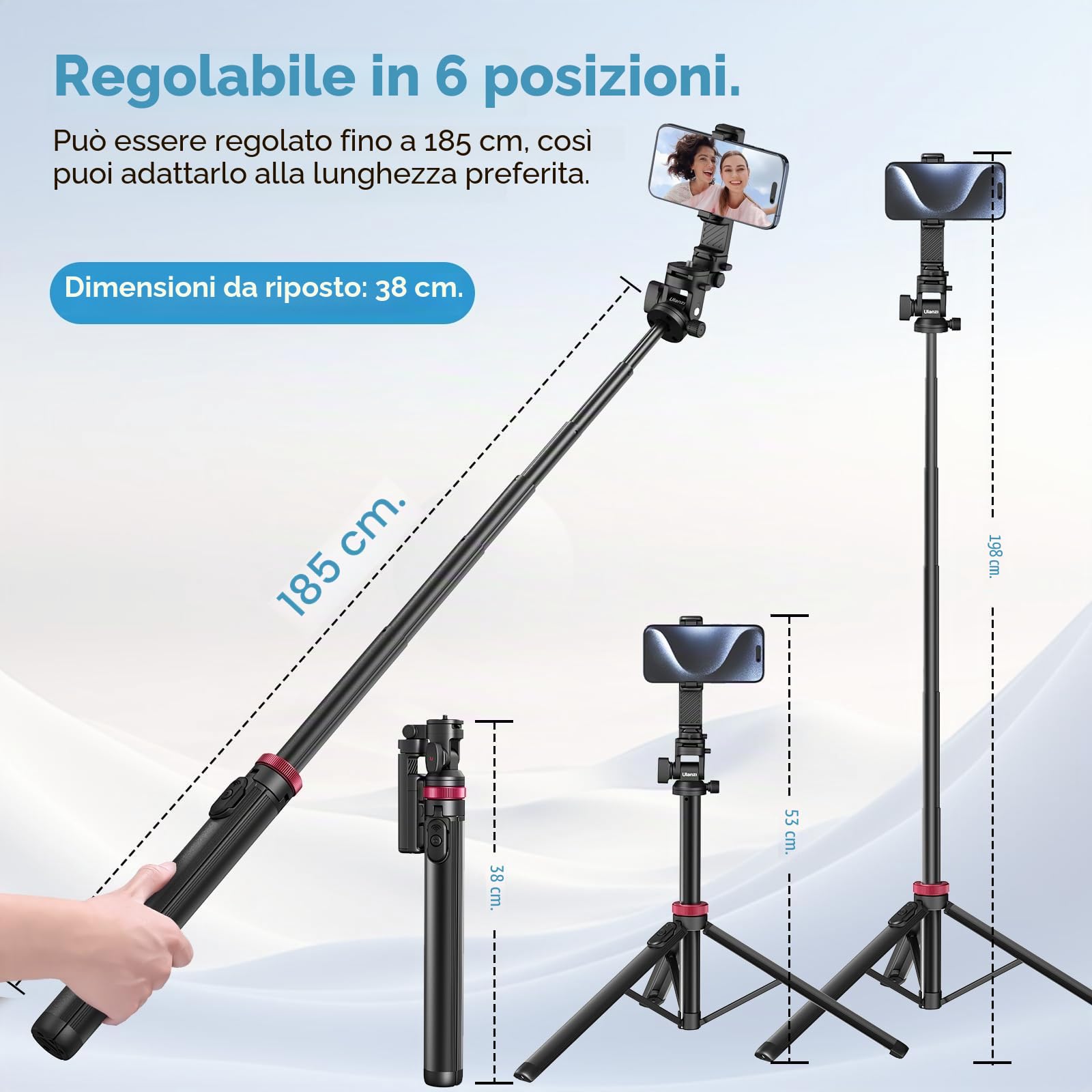 ULANZI MT-78 Treppiede Estensibile 1.8m per telefono e Fotocamera con Bastone per Selfie, con Clip per Telefono, Testa a Sfera a 360° con Slitta a Freddo per iPhone Sony Canon, leggero per i viaggi
